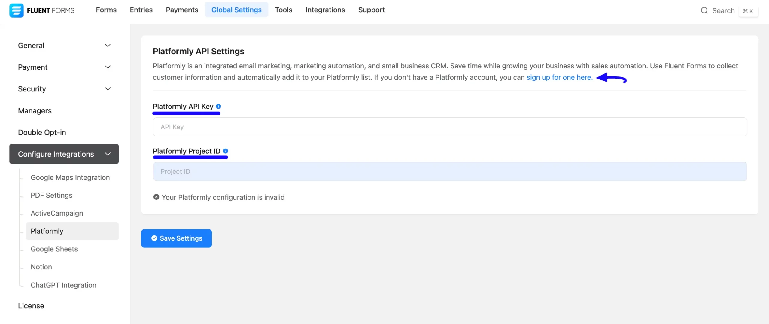 Platformly API Settings