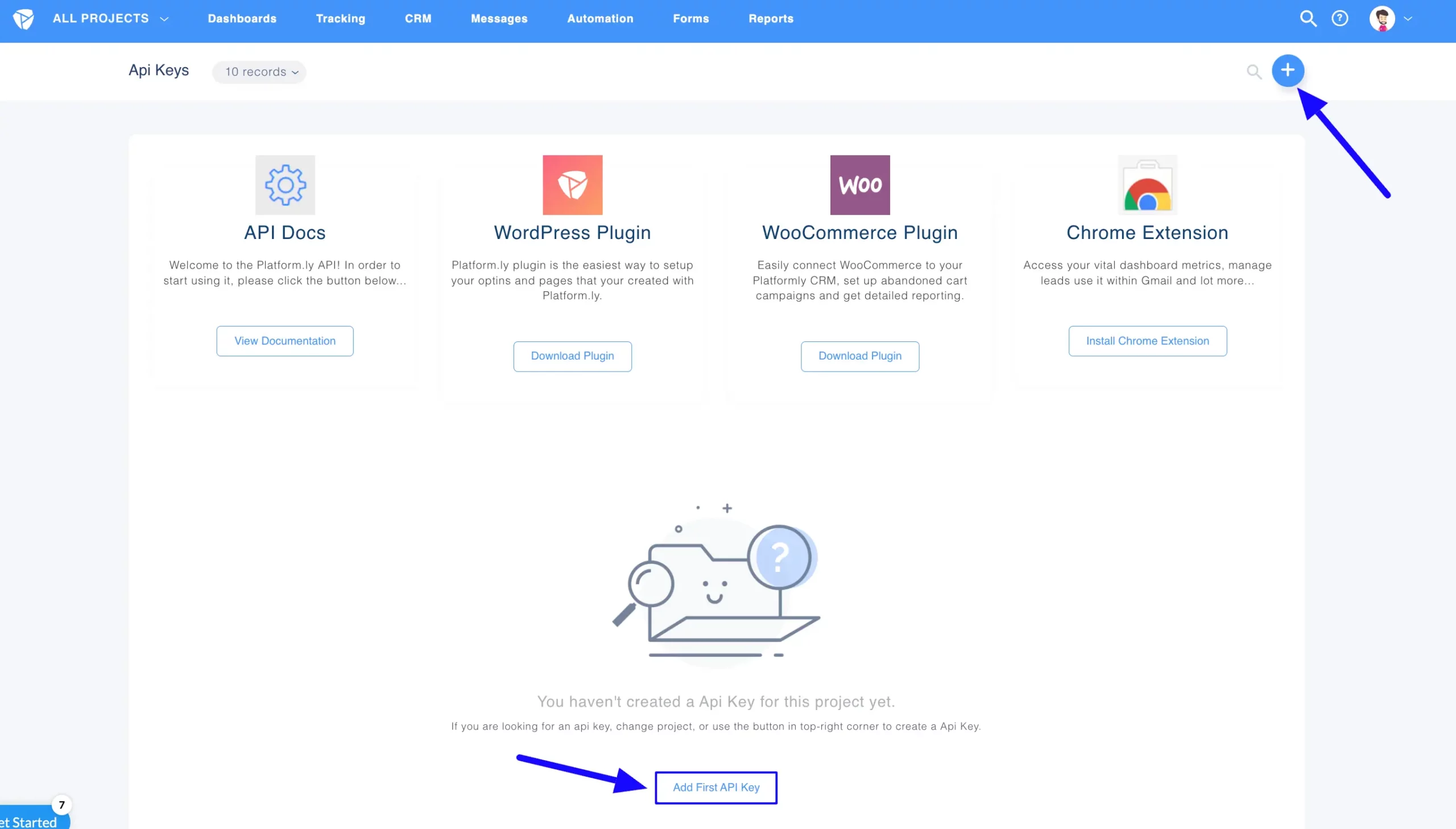 Add Frst API Key Or Plus Icon Integrate Platformly