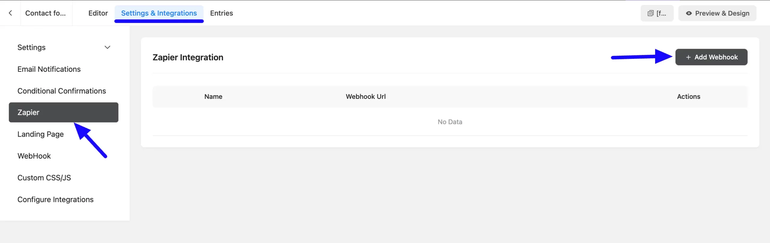 Add Webhook Button Integrate Zapier