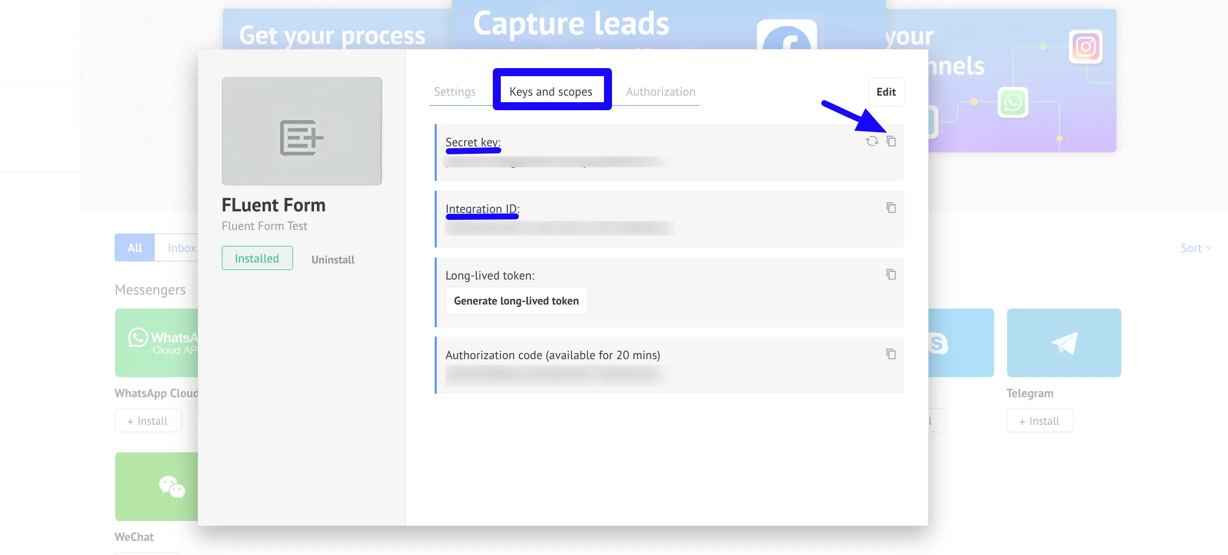 Copy Integration ID And Secret Key
