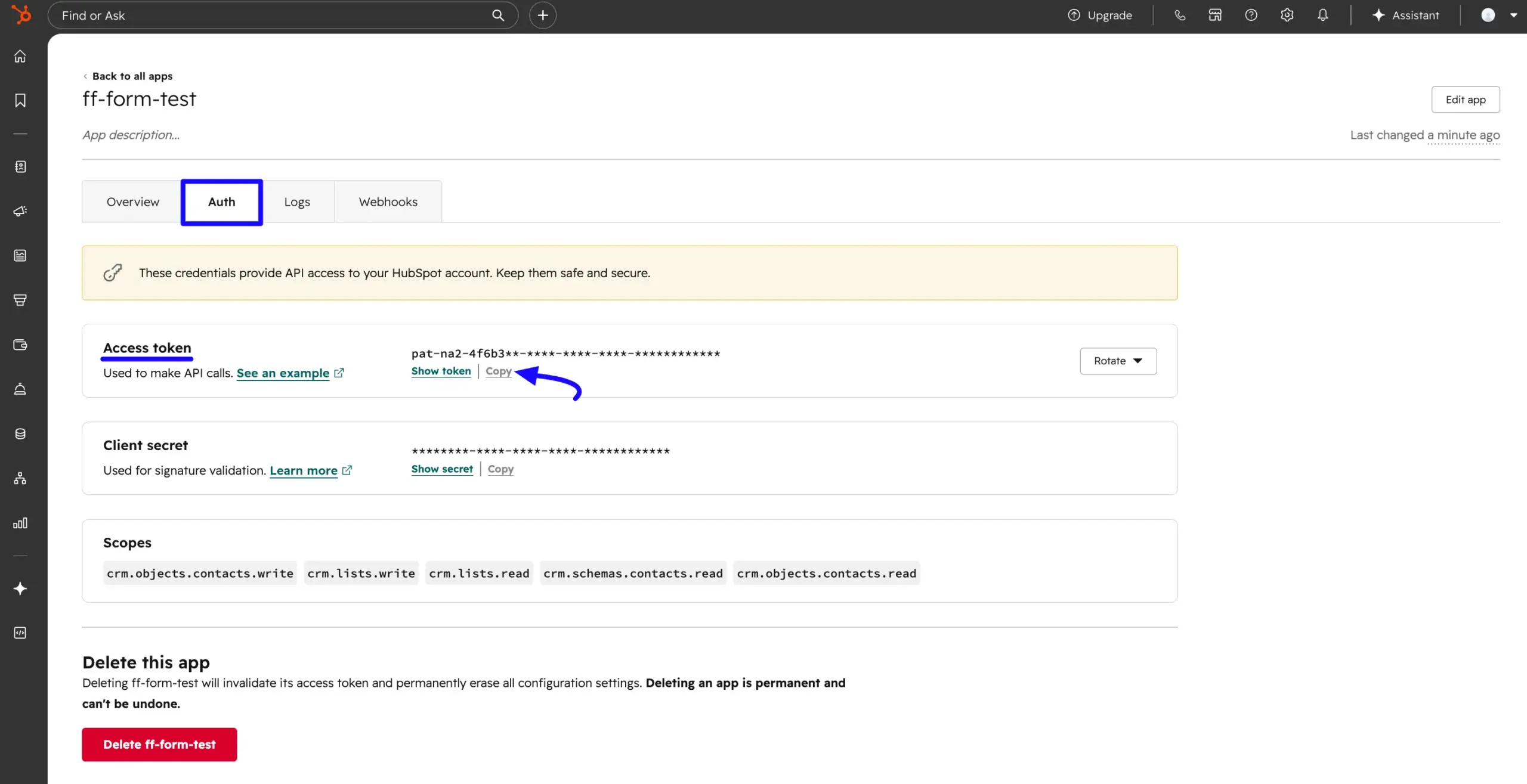 Copy HubSpot access token