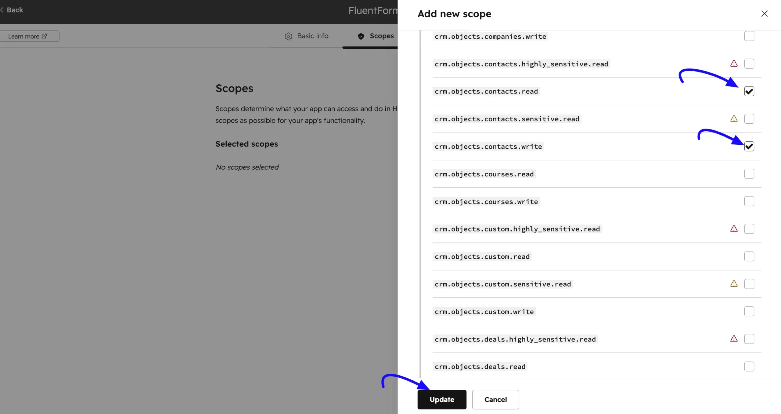 HubSpot CRM contact scopes