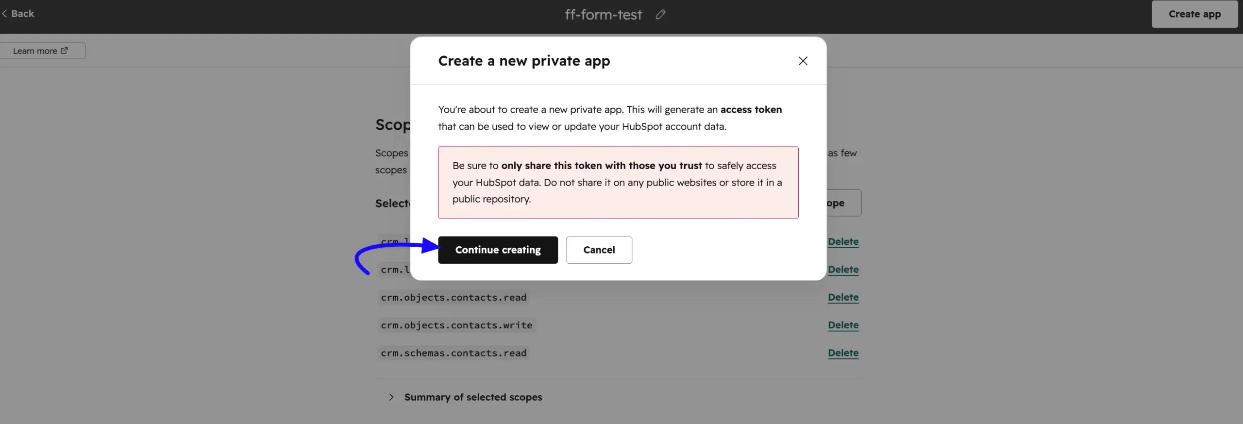 Continue creating HubSpot app