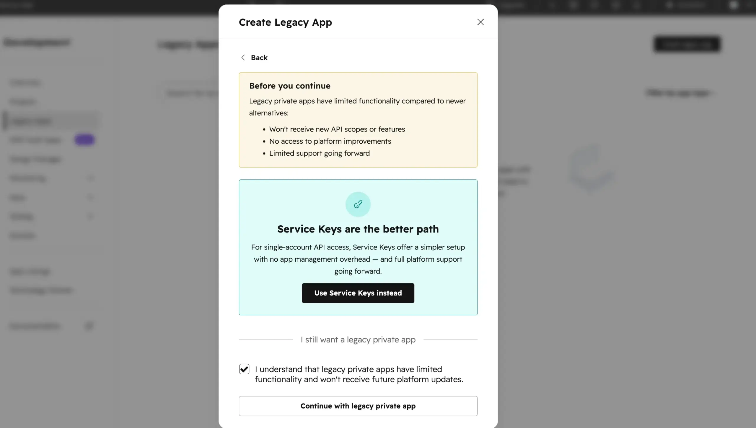 Continue with legacy private app