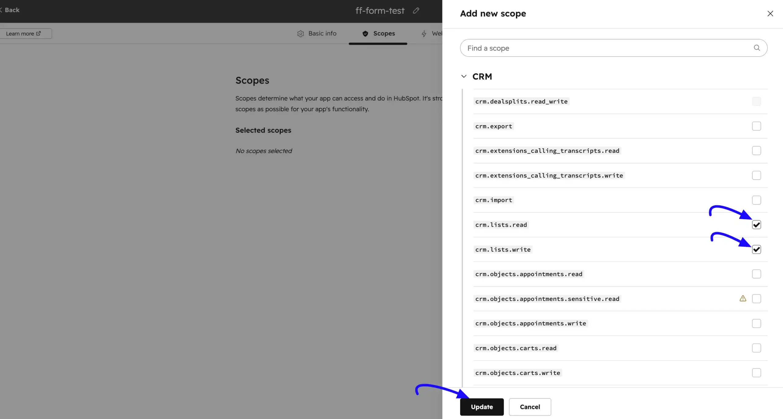 HubSpot CRM lists scopes