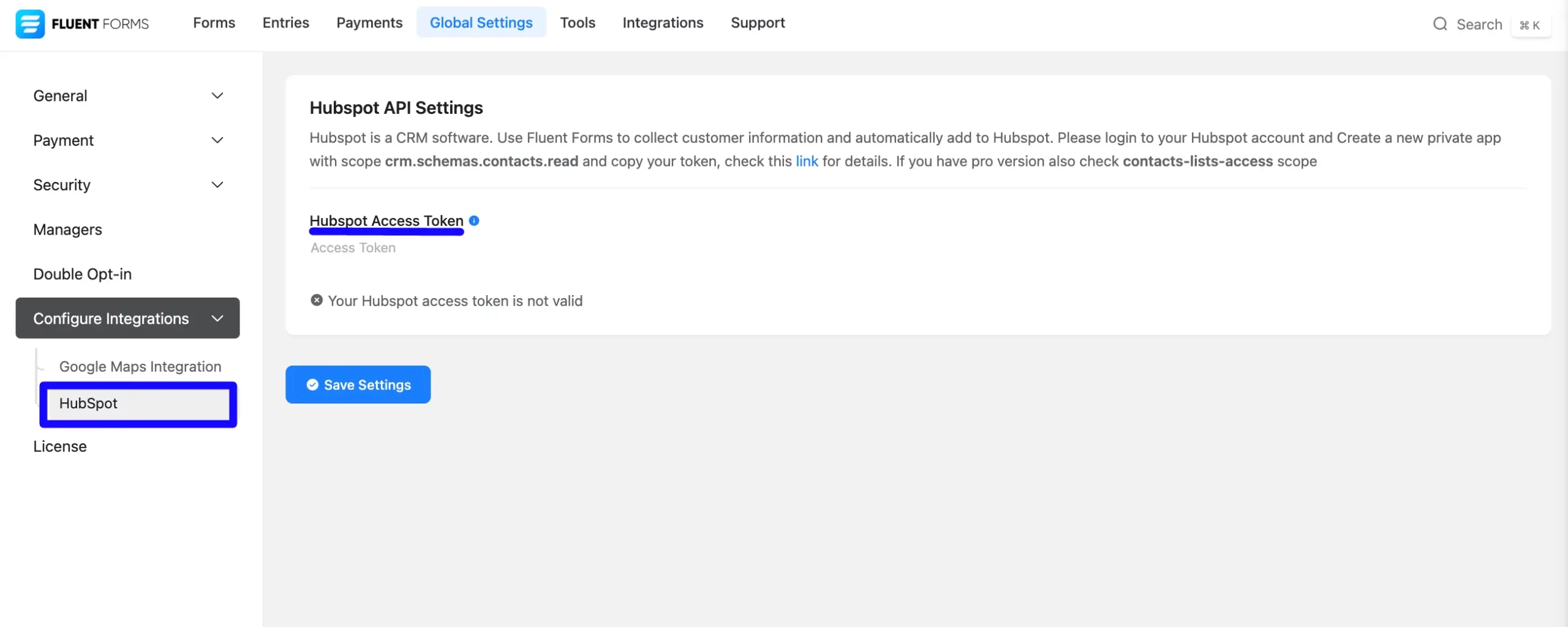 HubSpot access token prompt