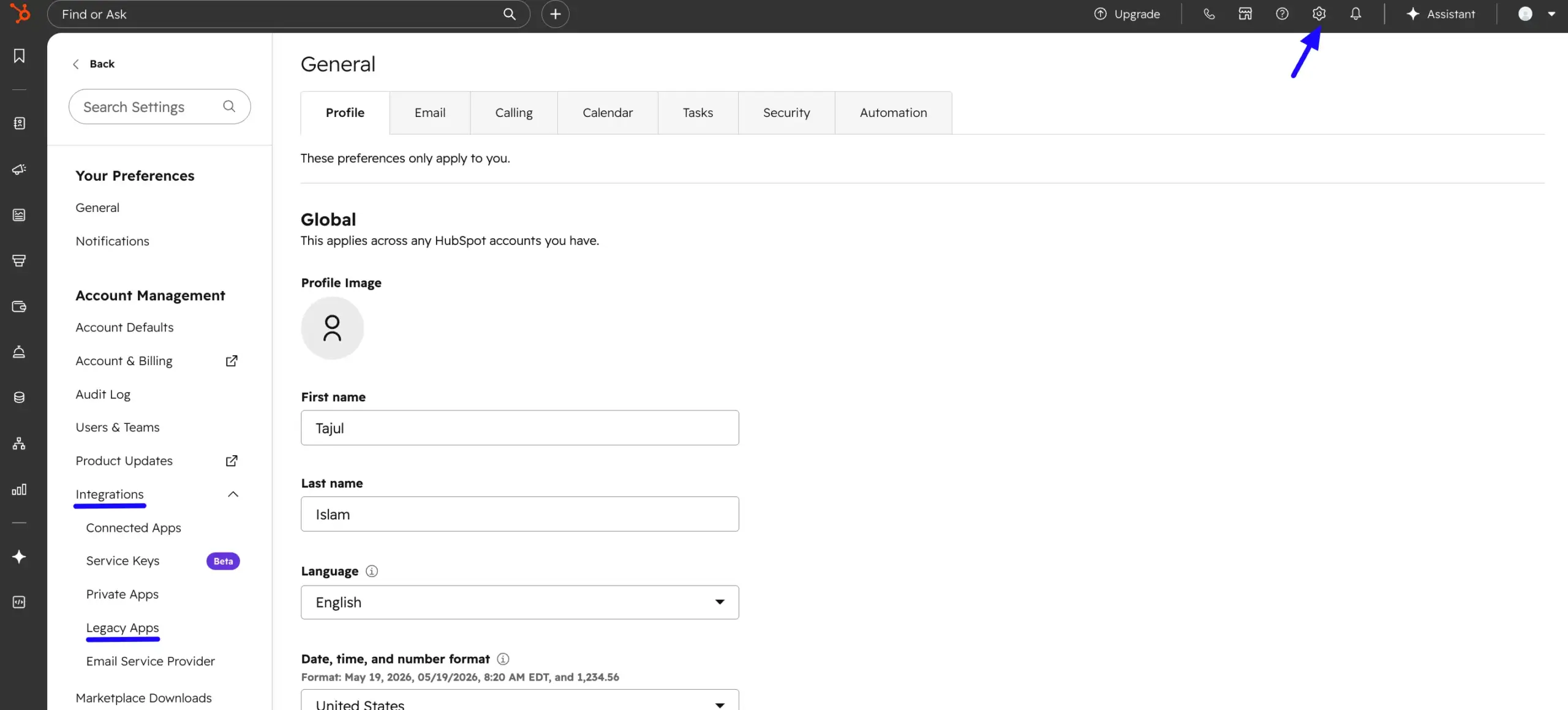 HubSpot Legacy Apps settings