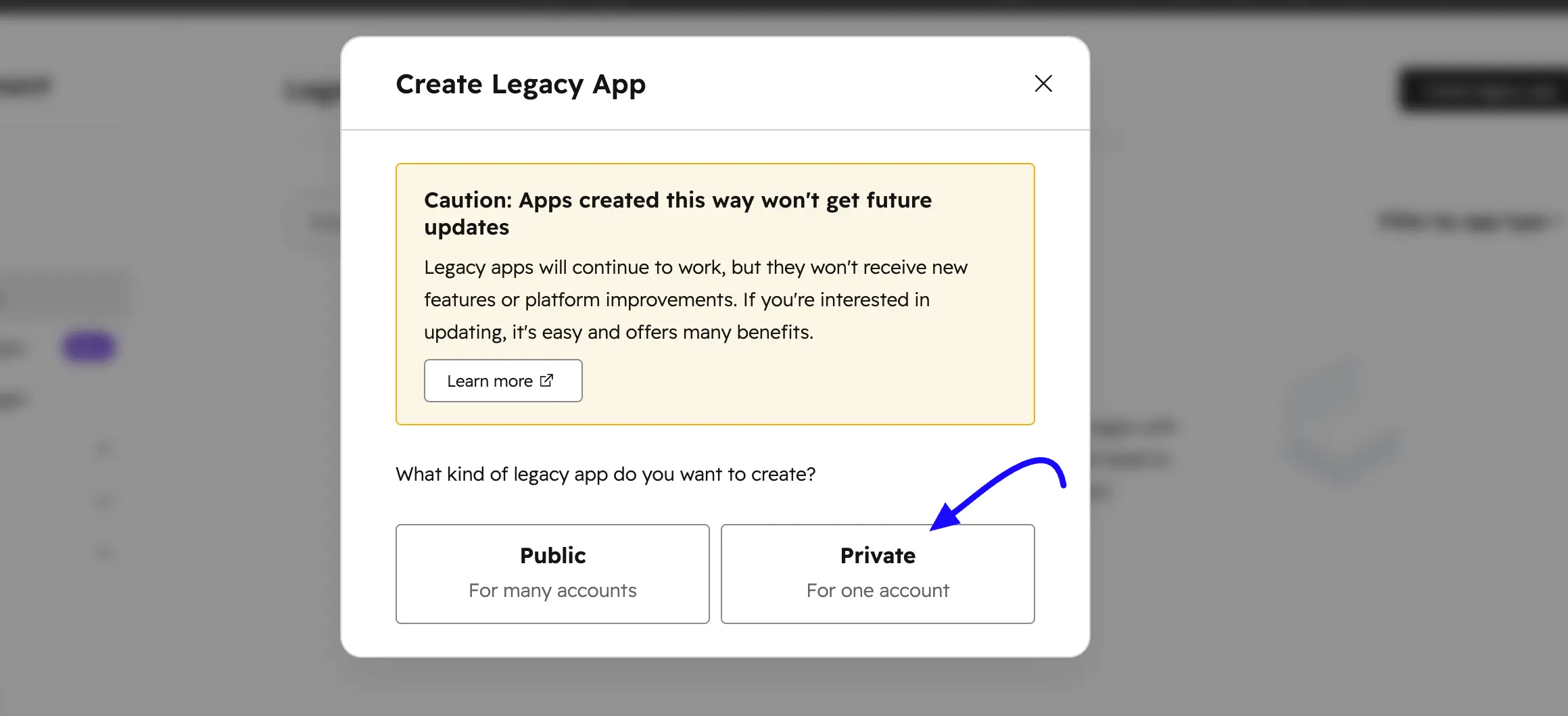 Select Private app type