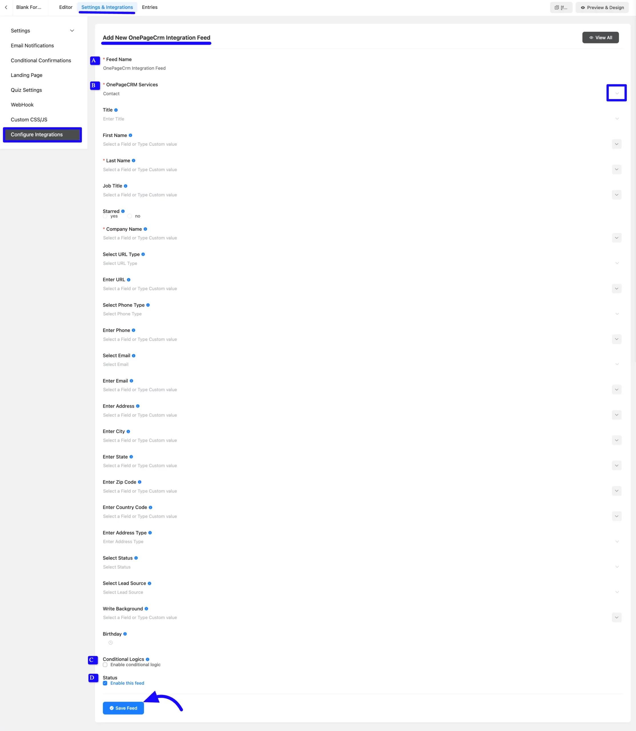 Add OnePageCRM Integration Feed