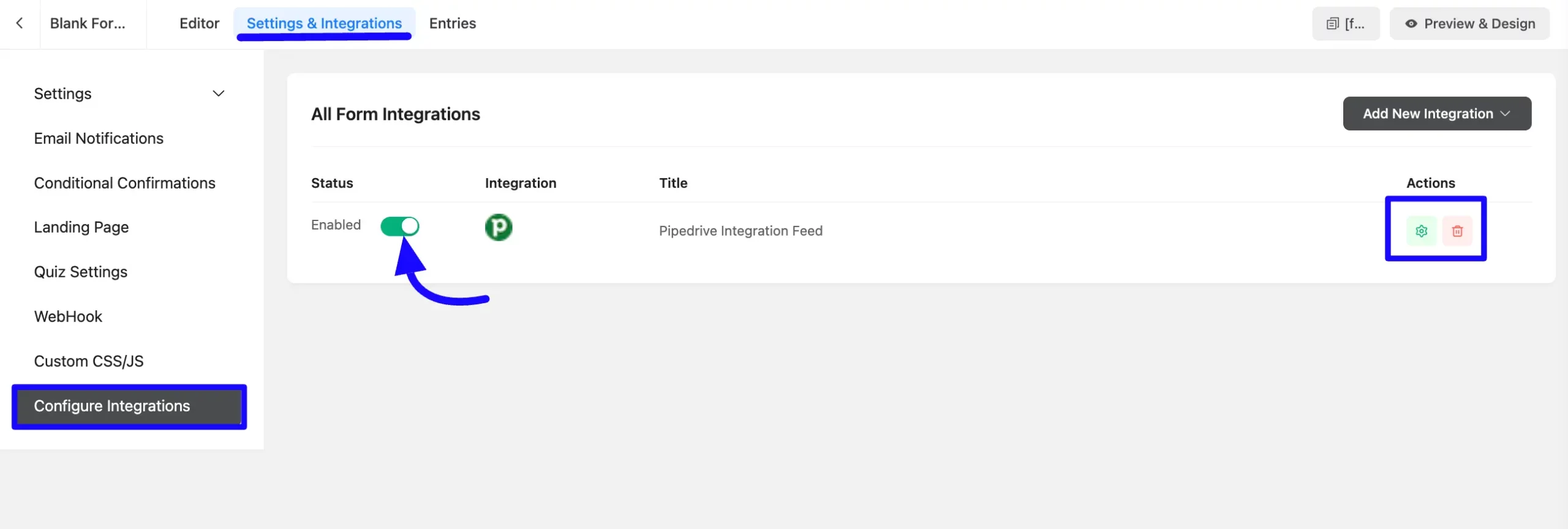 Enable Or Disable Integration Pipedrive Integration