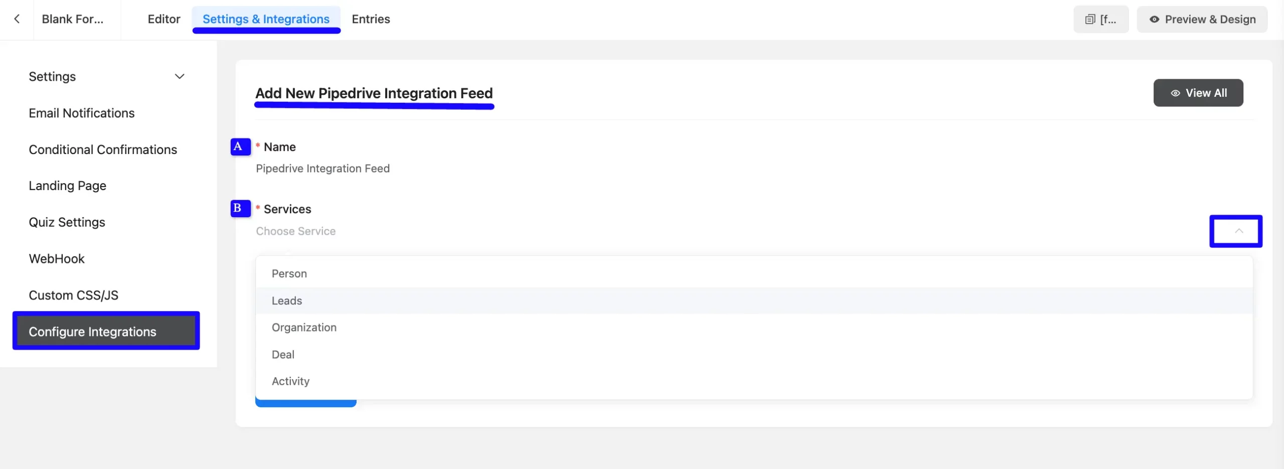 Add Integration Feed Pipedrive Integration