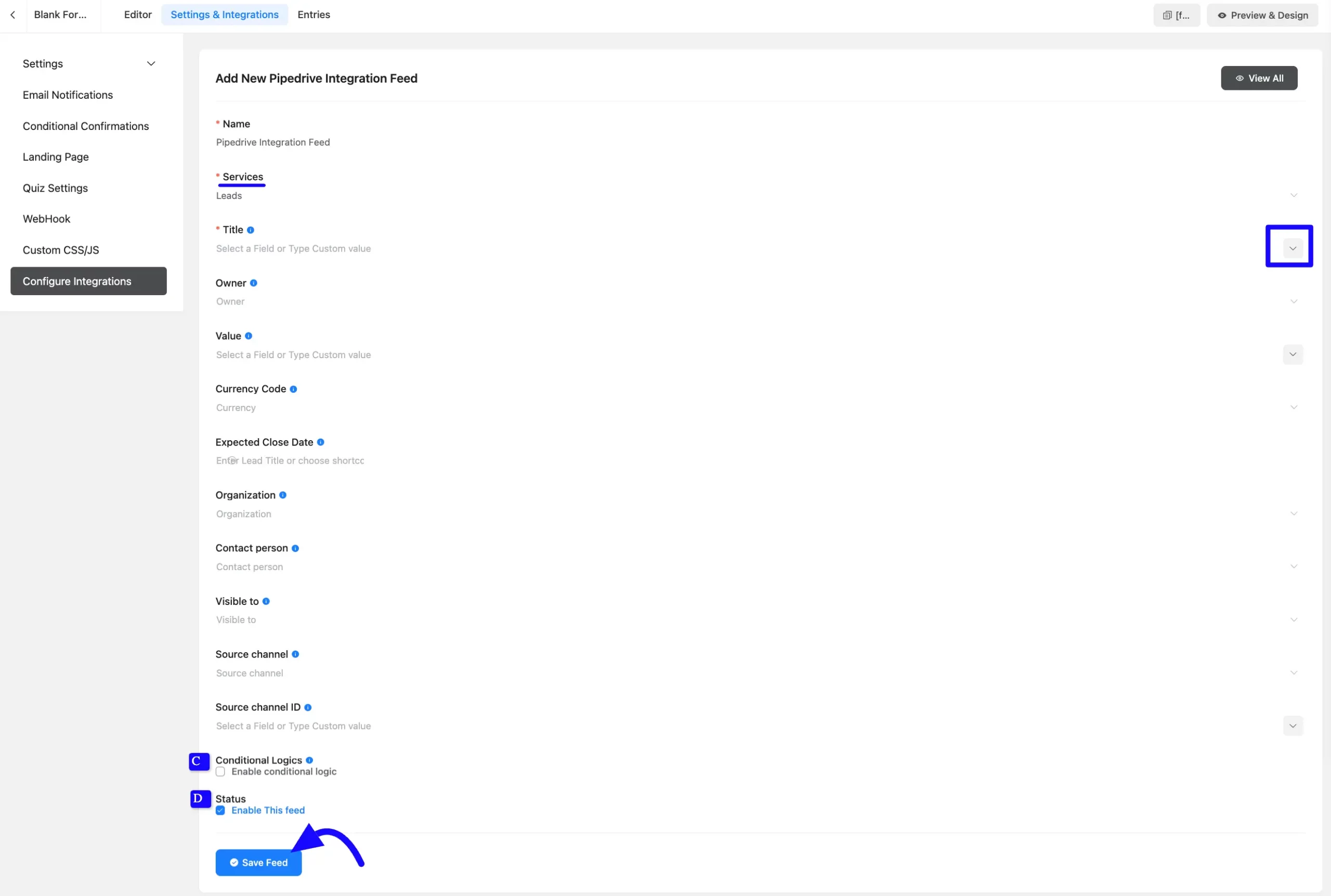 Add Integration Feed Pipedrive Integration