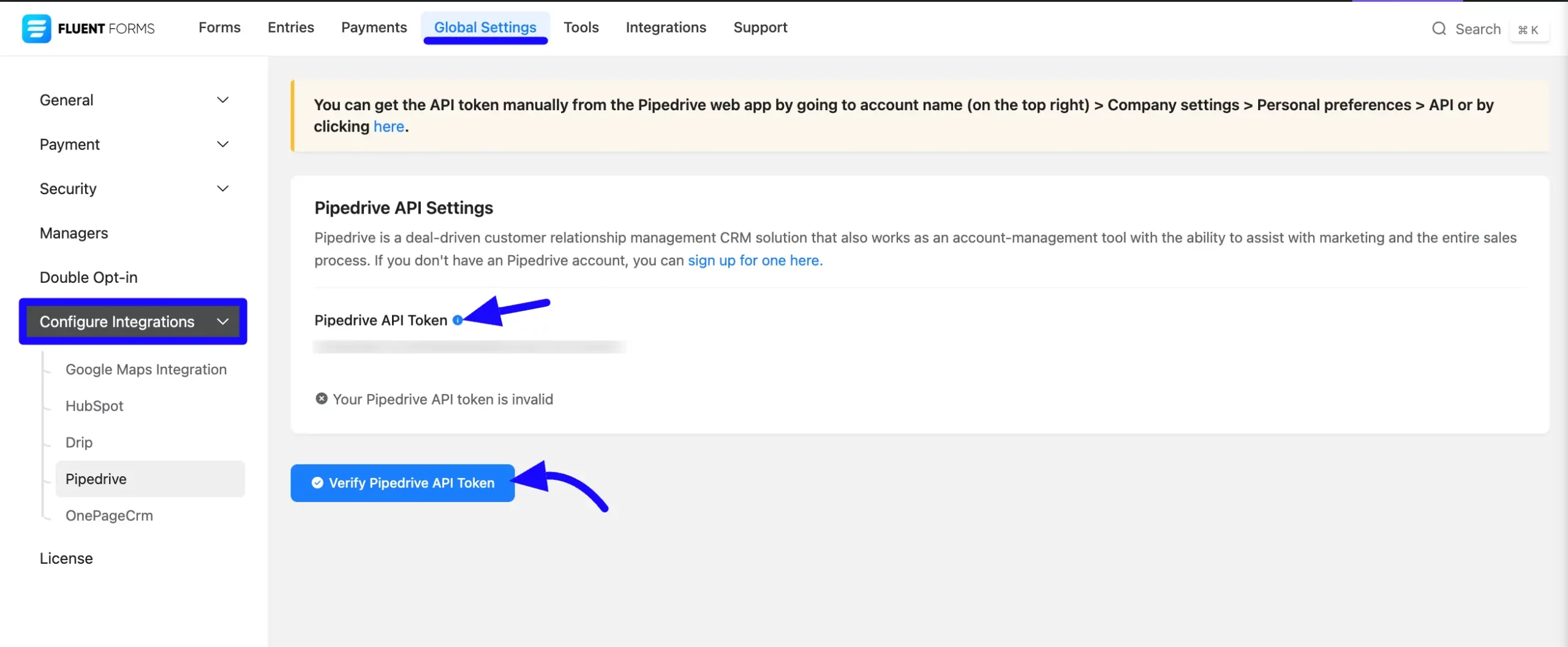 Paste Pipedrive API Token