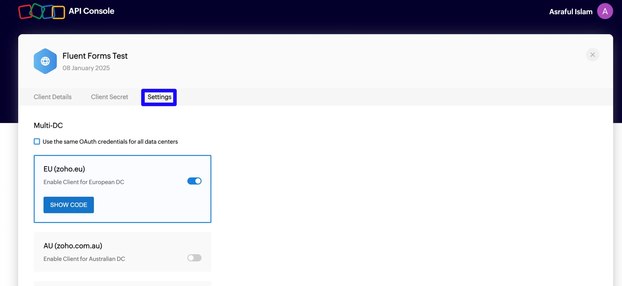 Settings Zoho CRM Integration