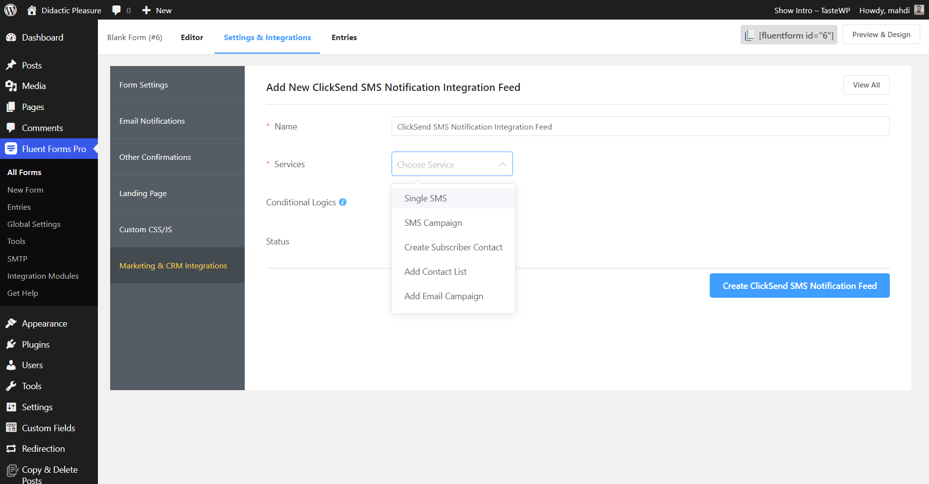 Clicksend SMS Fluent Forms