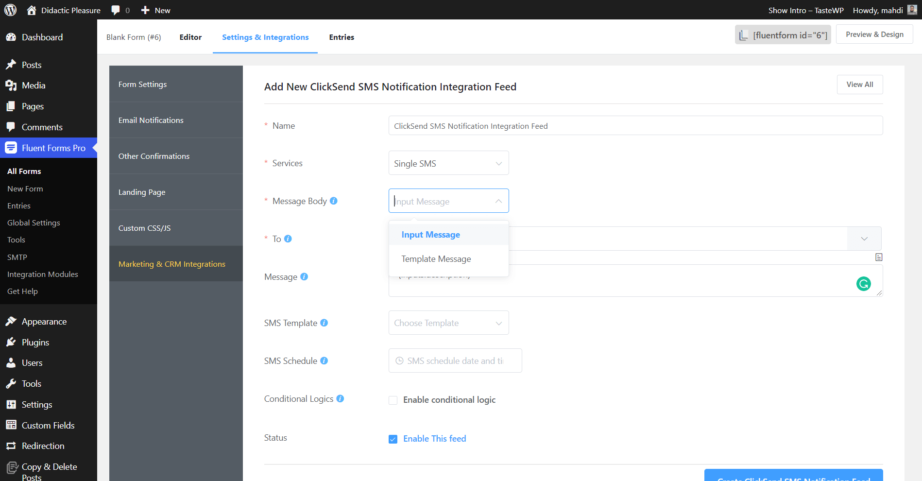 Clicksend SMS Fluent Forms