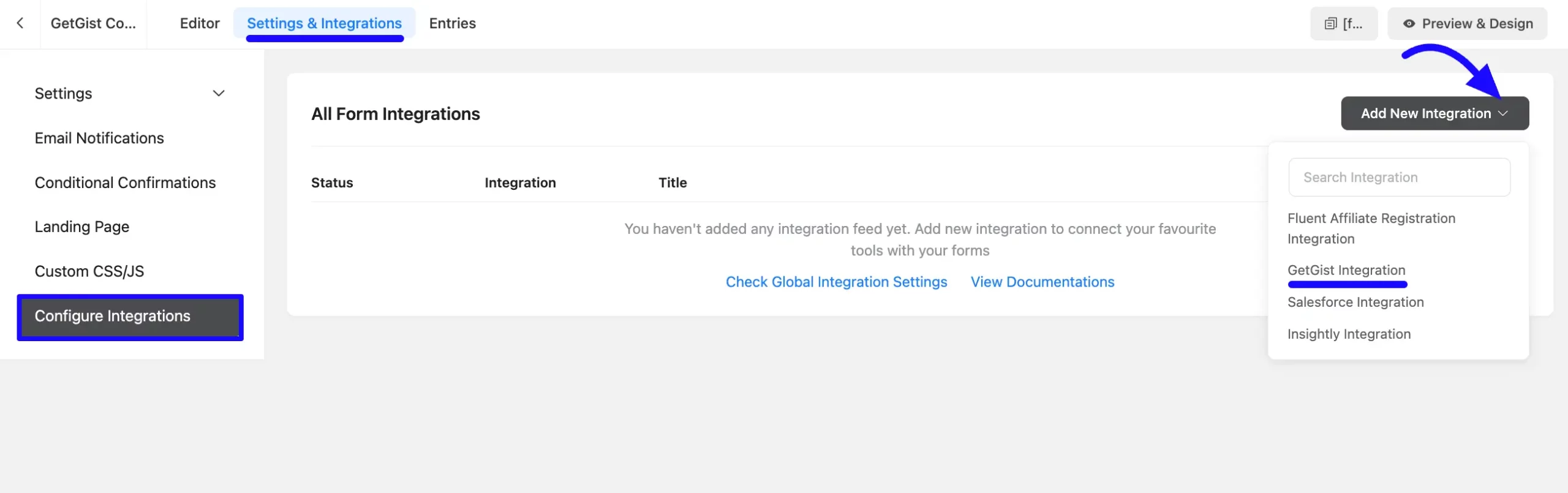 Settings Integration Gist Integration