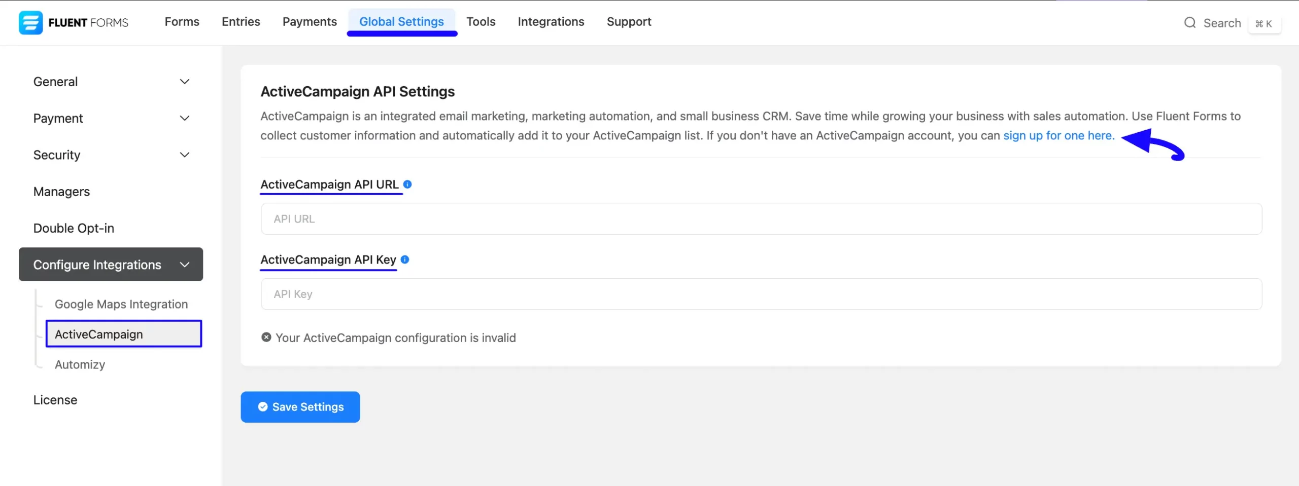 Activecampaign API Settings Page