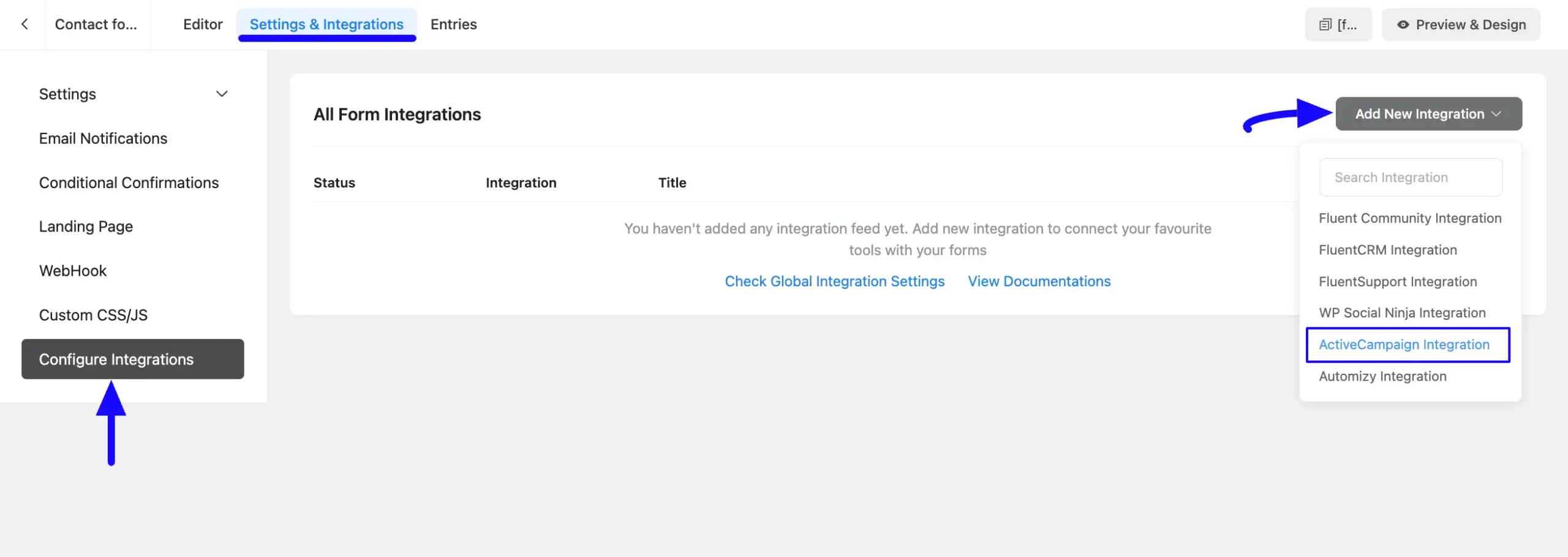 Configure Integrations Page Integrate ActiveCampaign