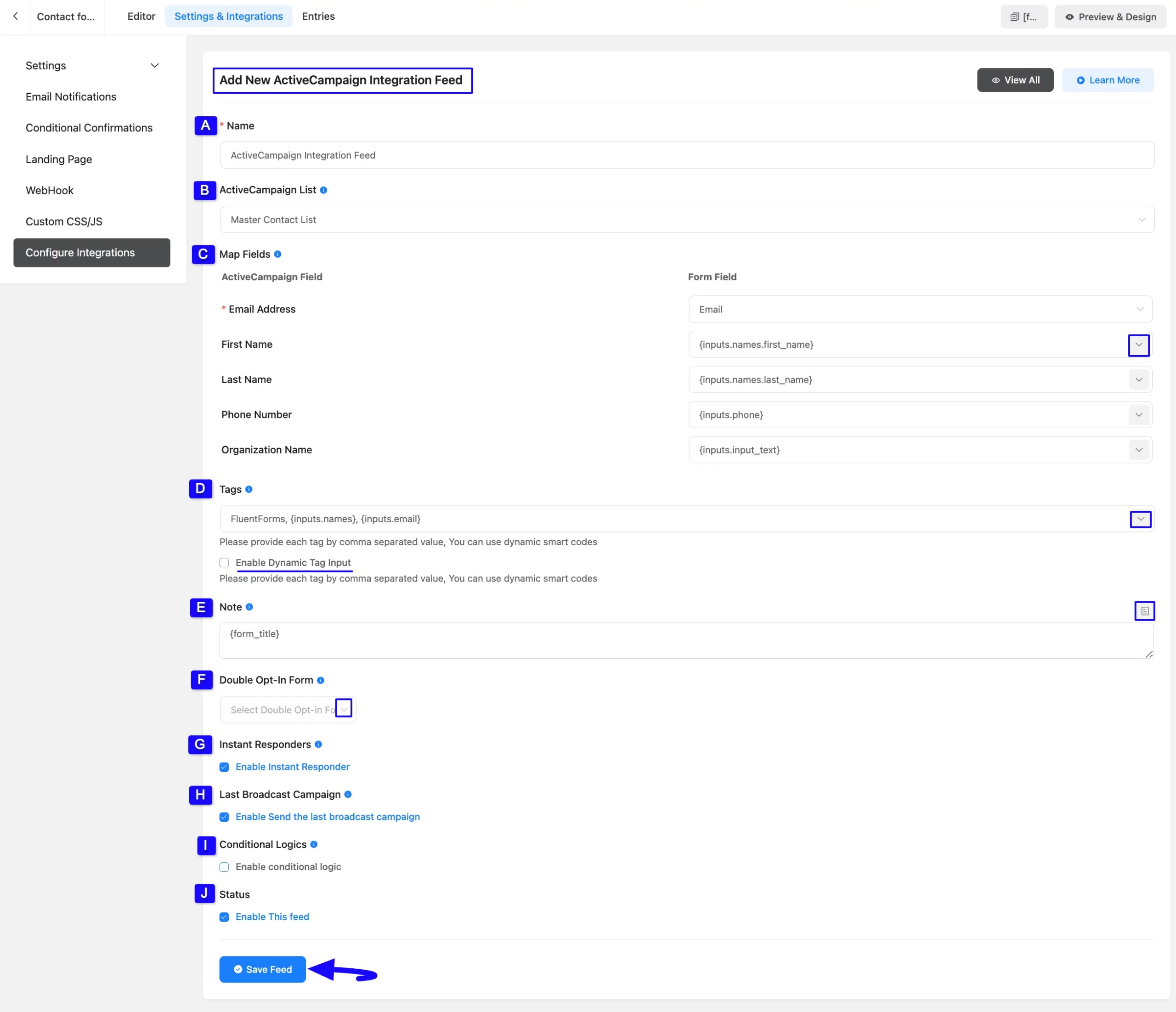 Save Settings Button Integrate ActiveCampaign