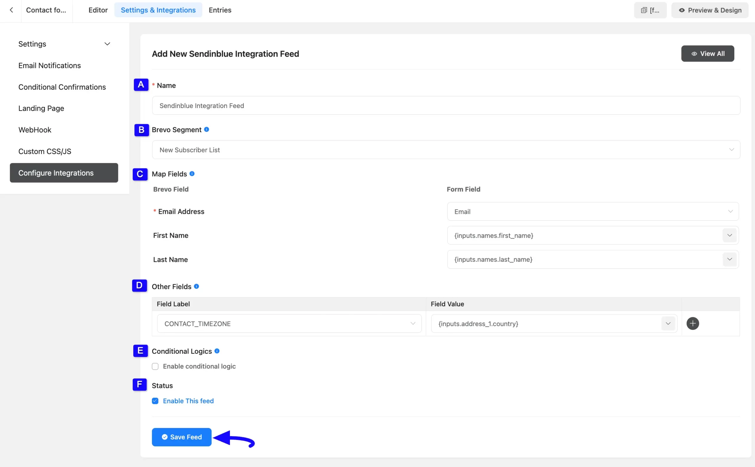 Save Feed Button Integrate Brevo (Formerly Sendinblue)
