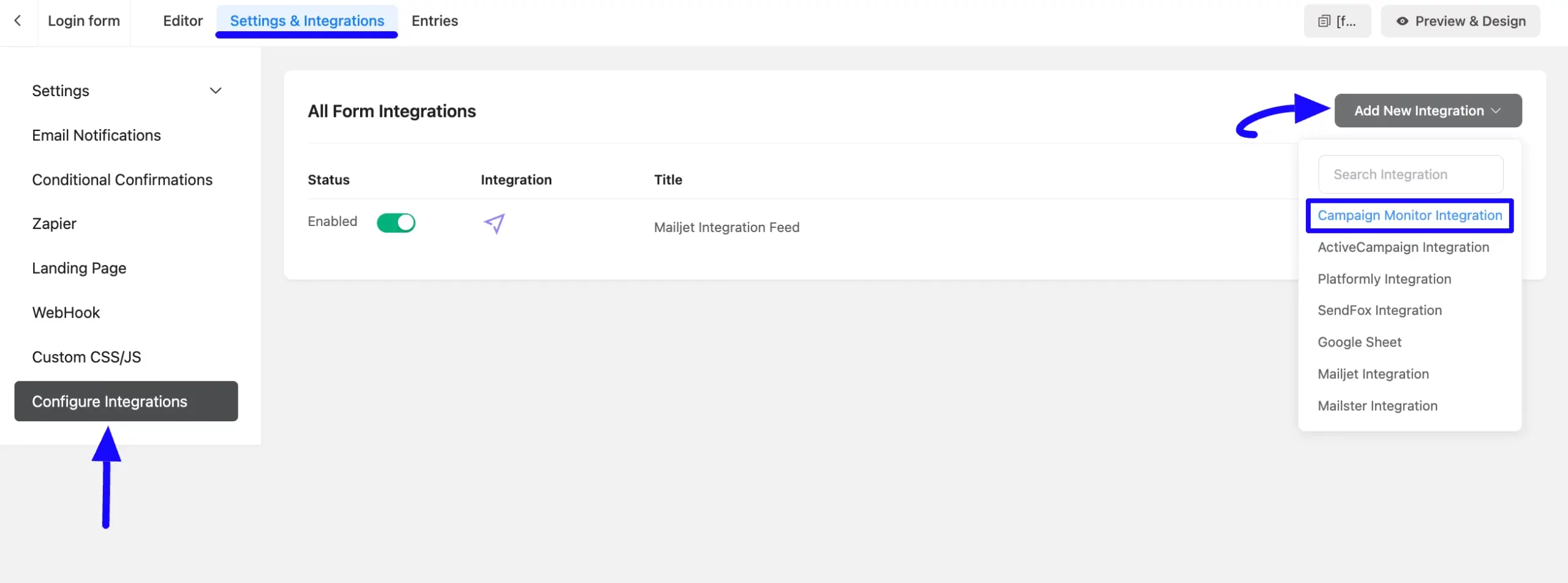 Add Integration Dropdown Integrate Campaign Monitor