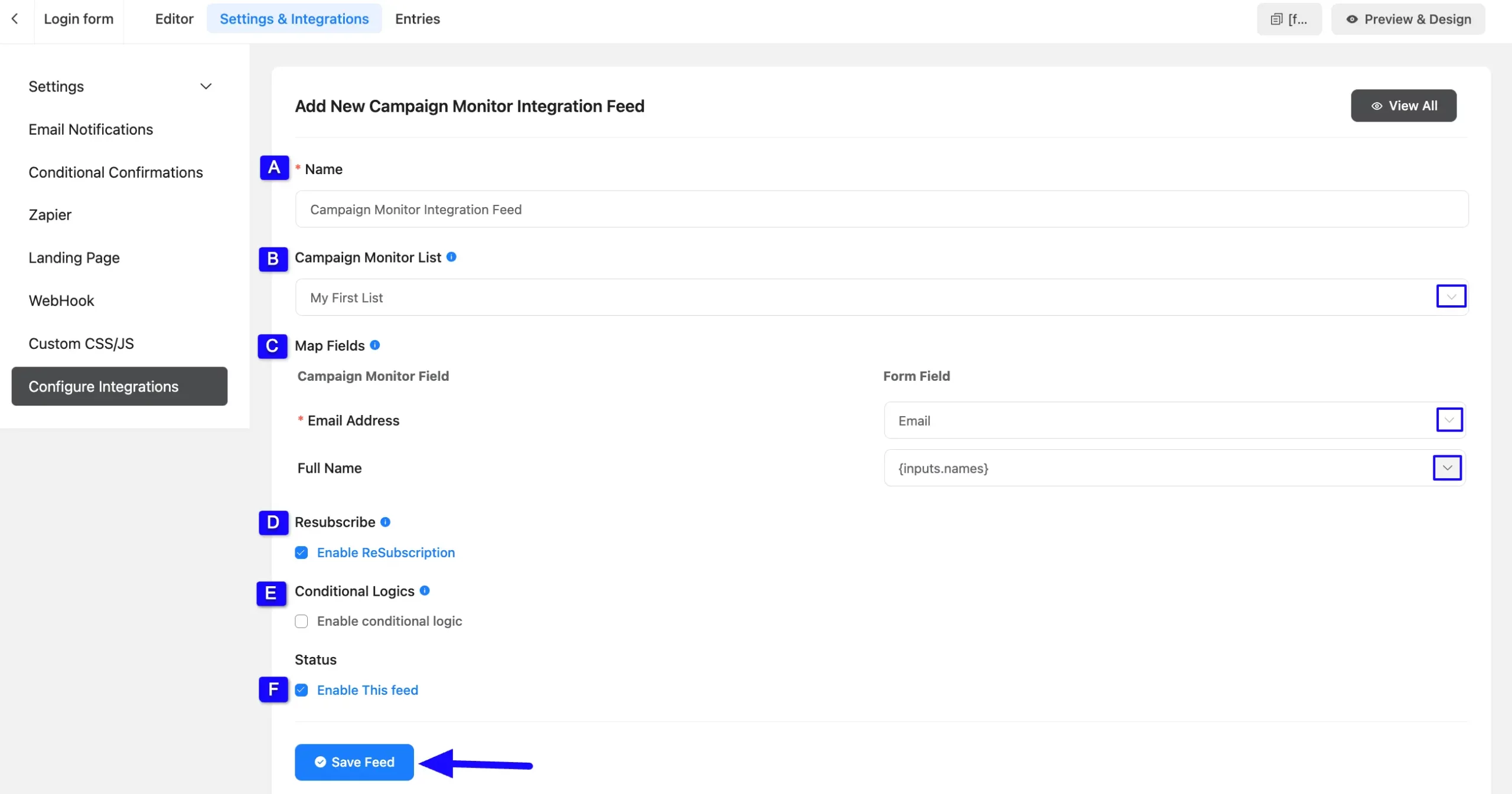 Save Feed Button Integrate Campaign Monitor