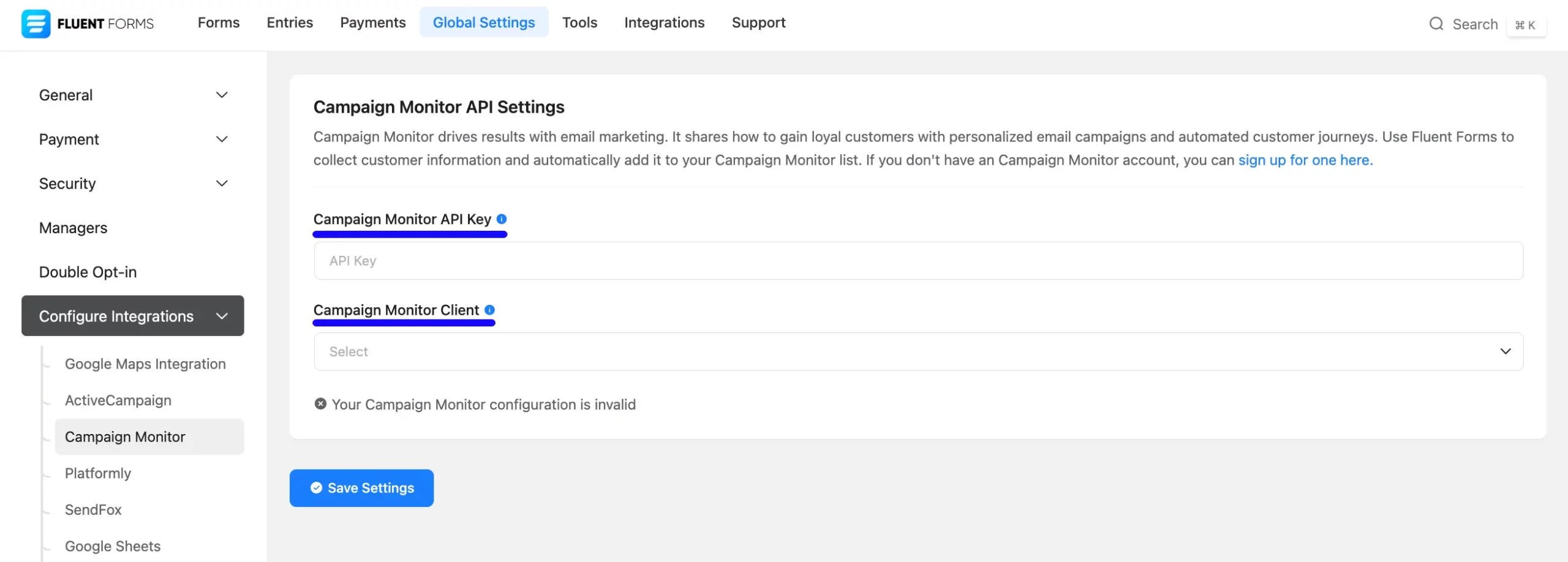 Campaign Monitor API Settings Page