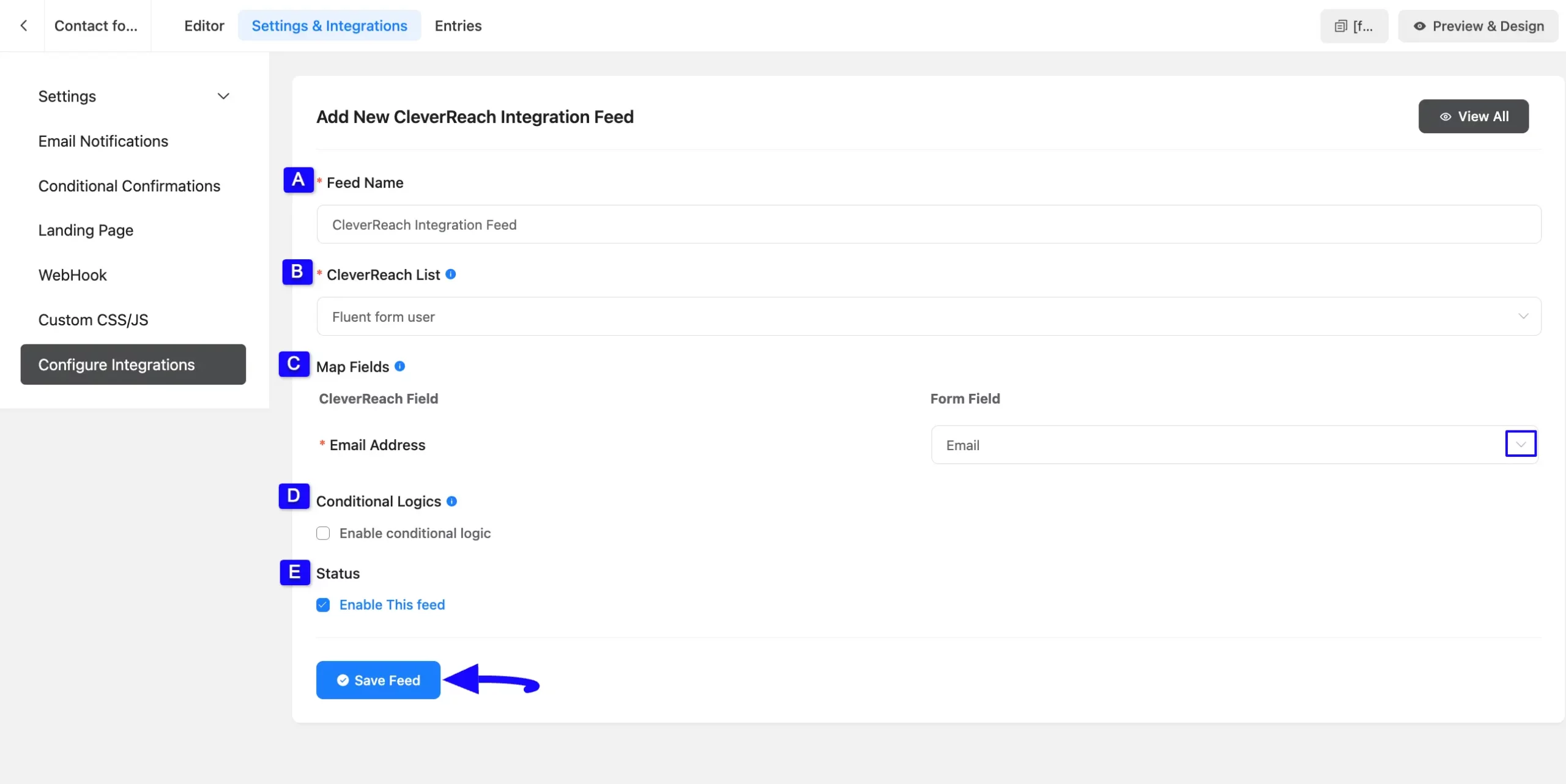 Save Feed Button Integrate CleverReach