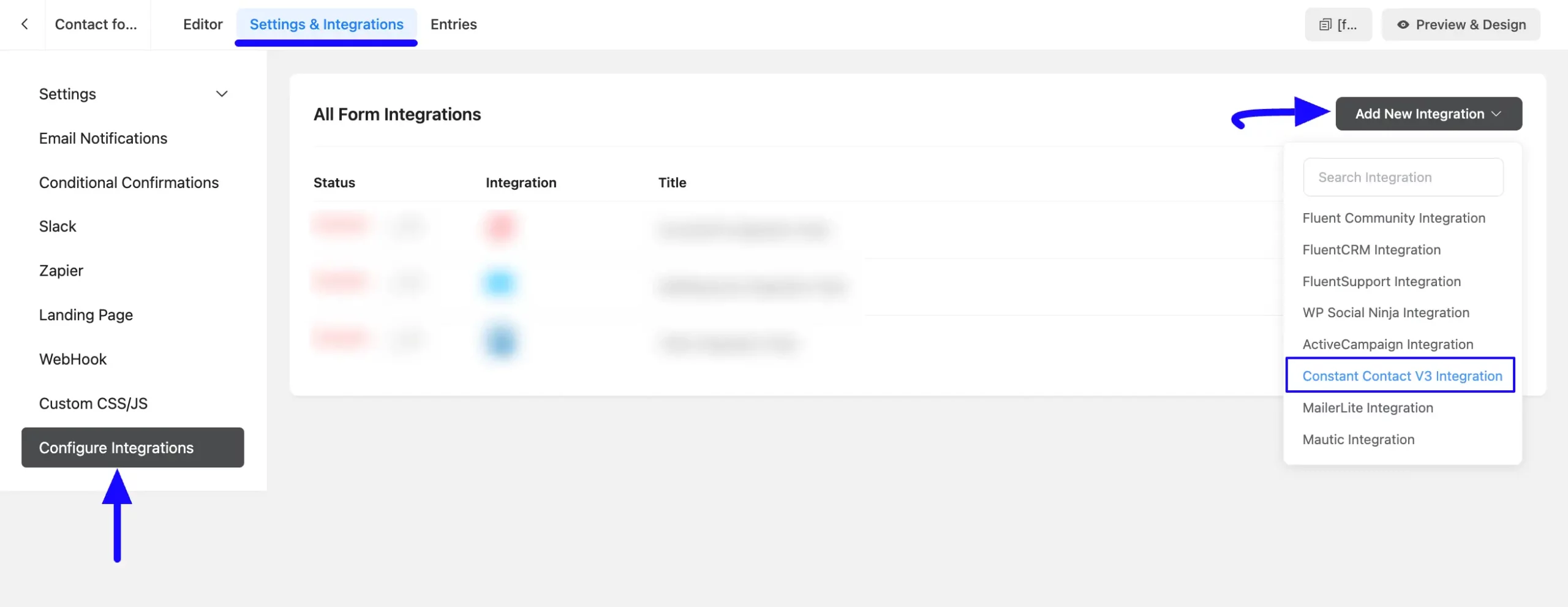 Add Integration Feed Dropdown Integrate Constant Contact