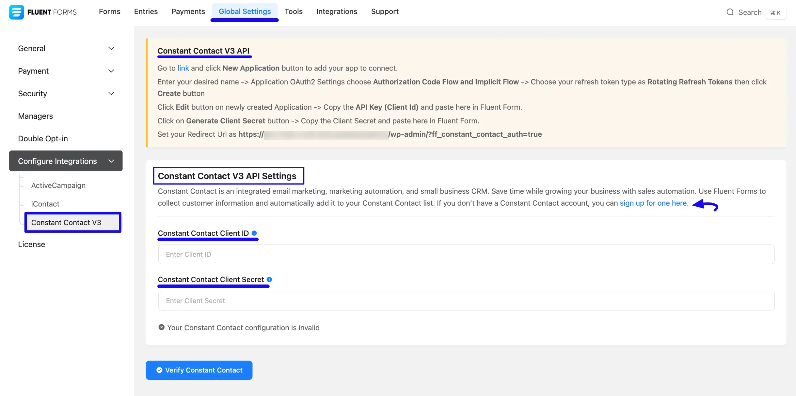 Constant Contact V3 API Settings Page
