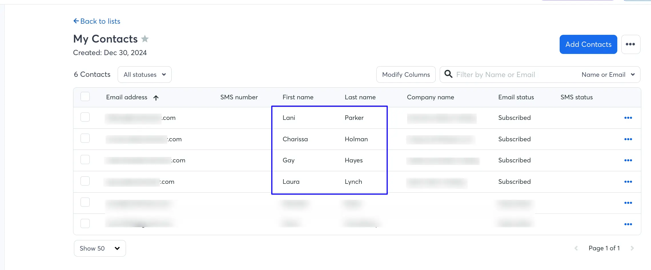 Preview Contact List Integrate Constant Contact