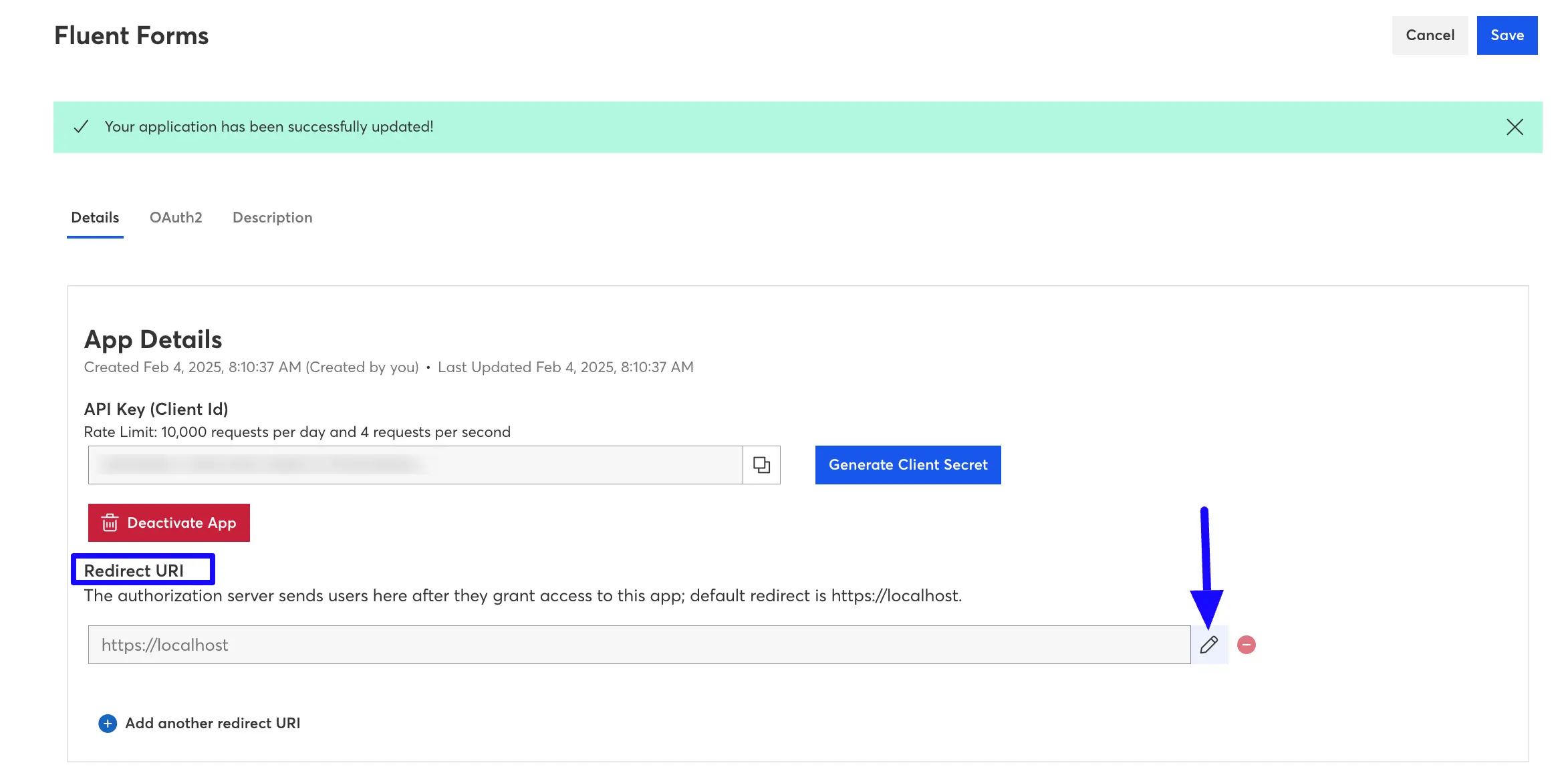 Edit Icon Redirect URL Integrate Constant Contact