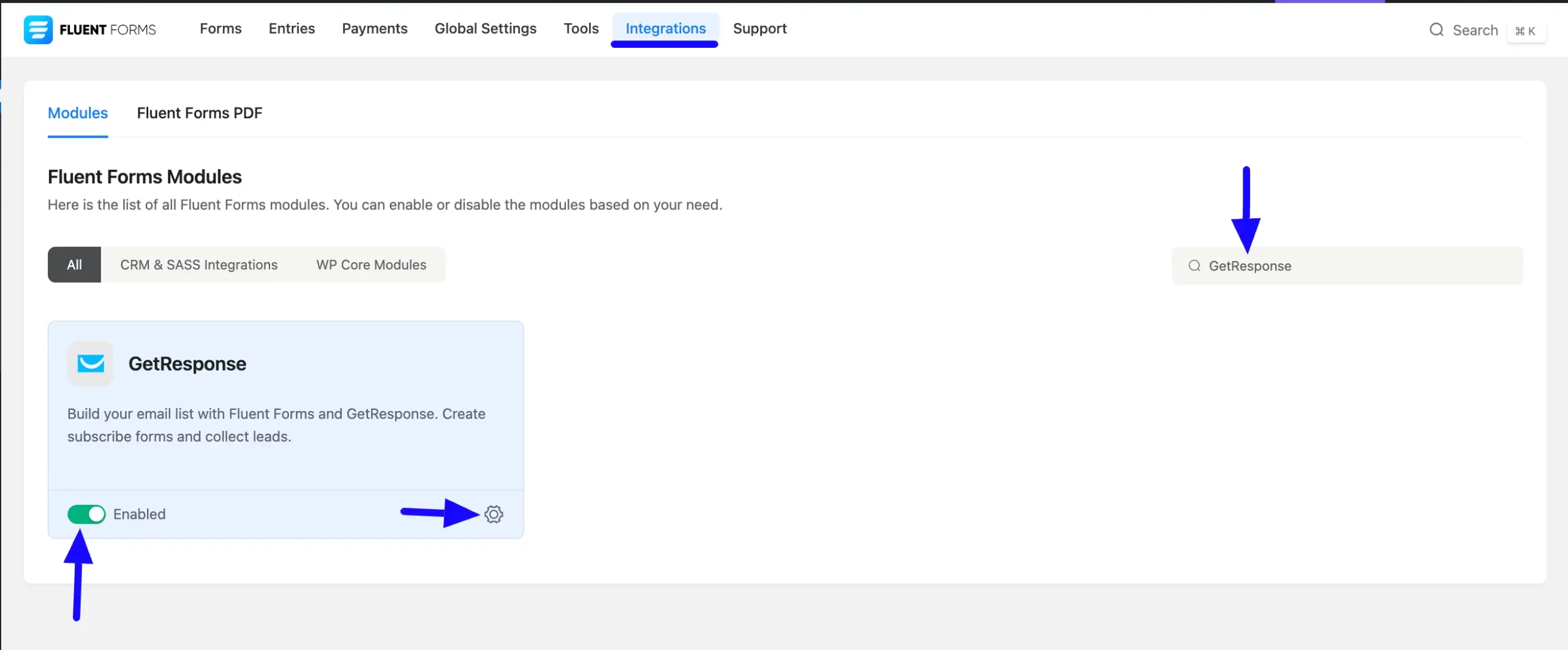 Enabled Getresponse Fluent Forms