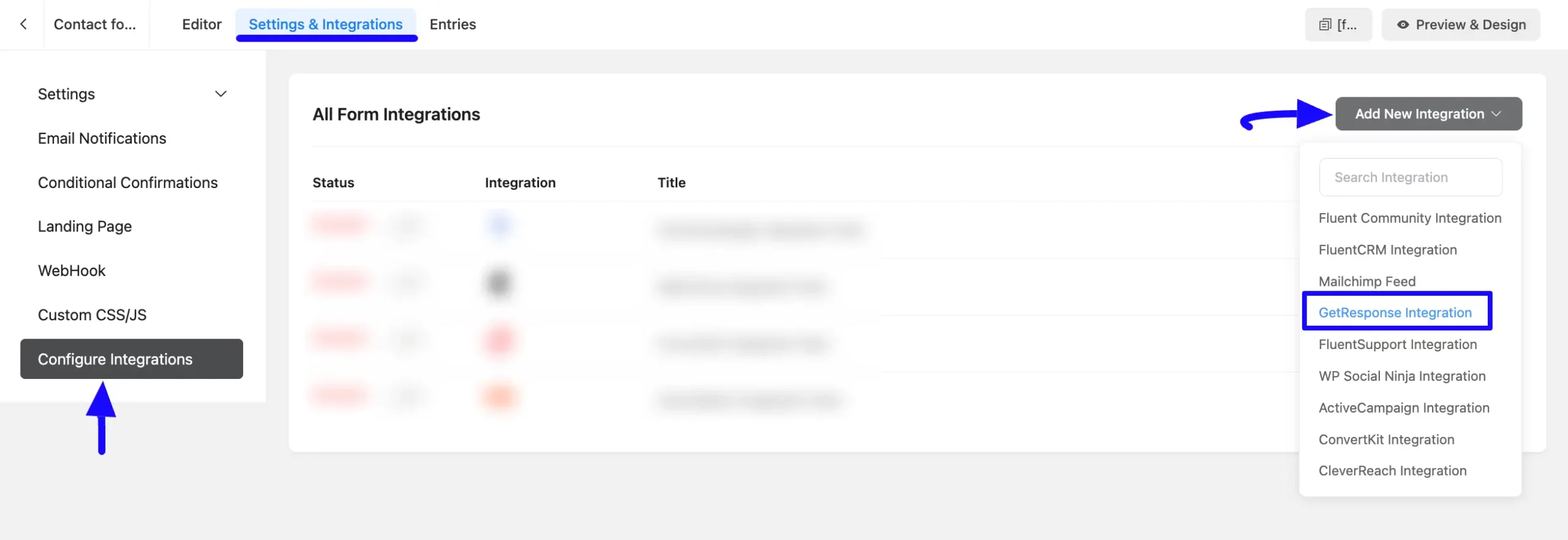 Add Integration Button Integrate GetResponse