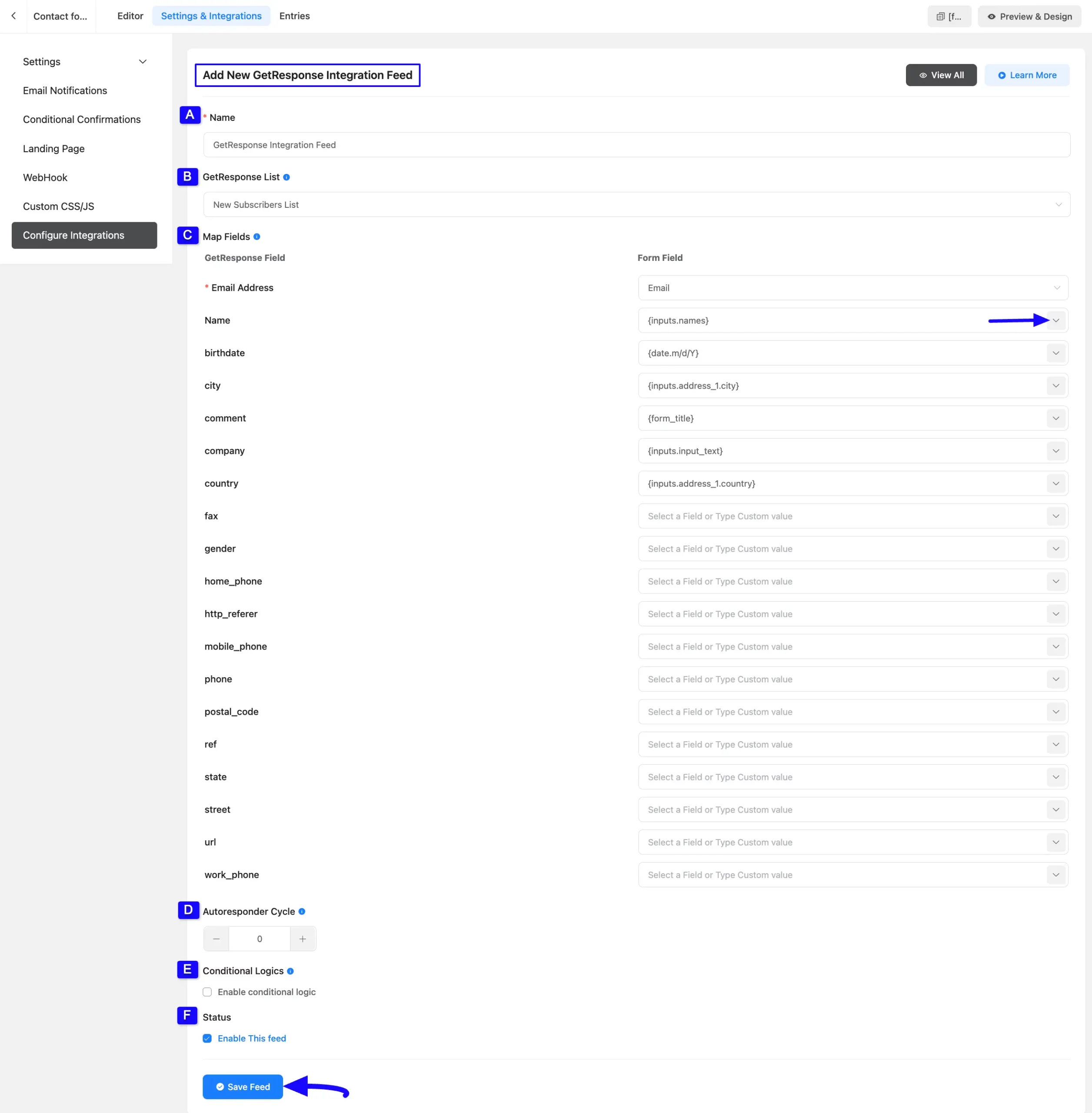 Save Feed Button Integrate GetResponse