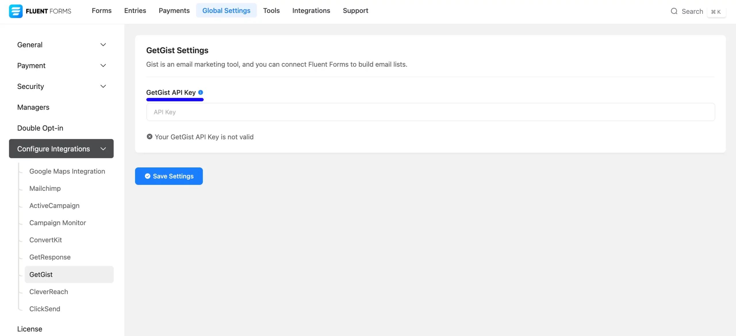 Getgist Settings Fluent Forms