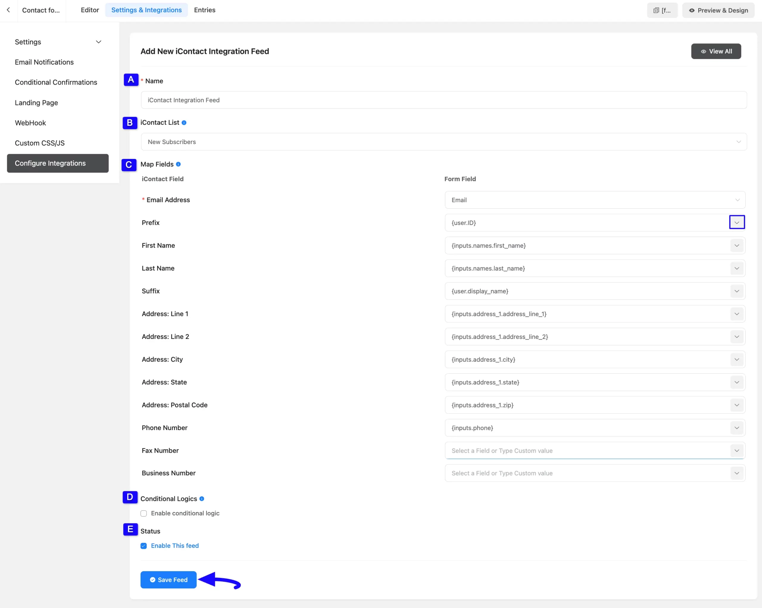 Save Feed Button Integrate iContact