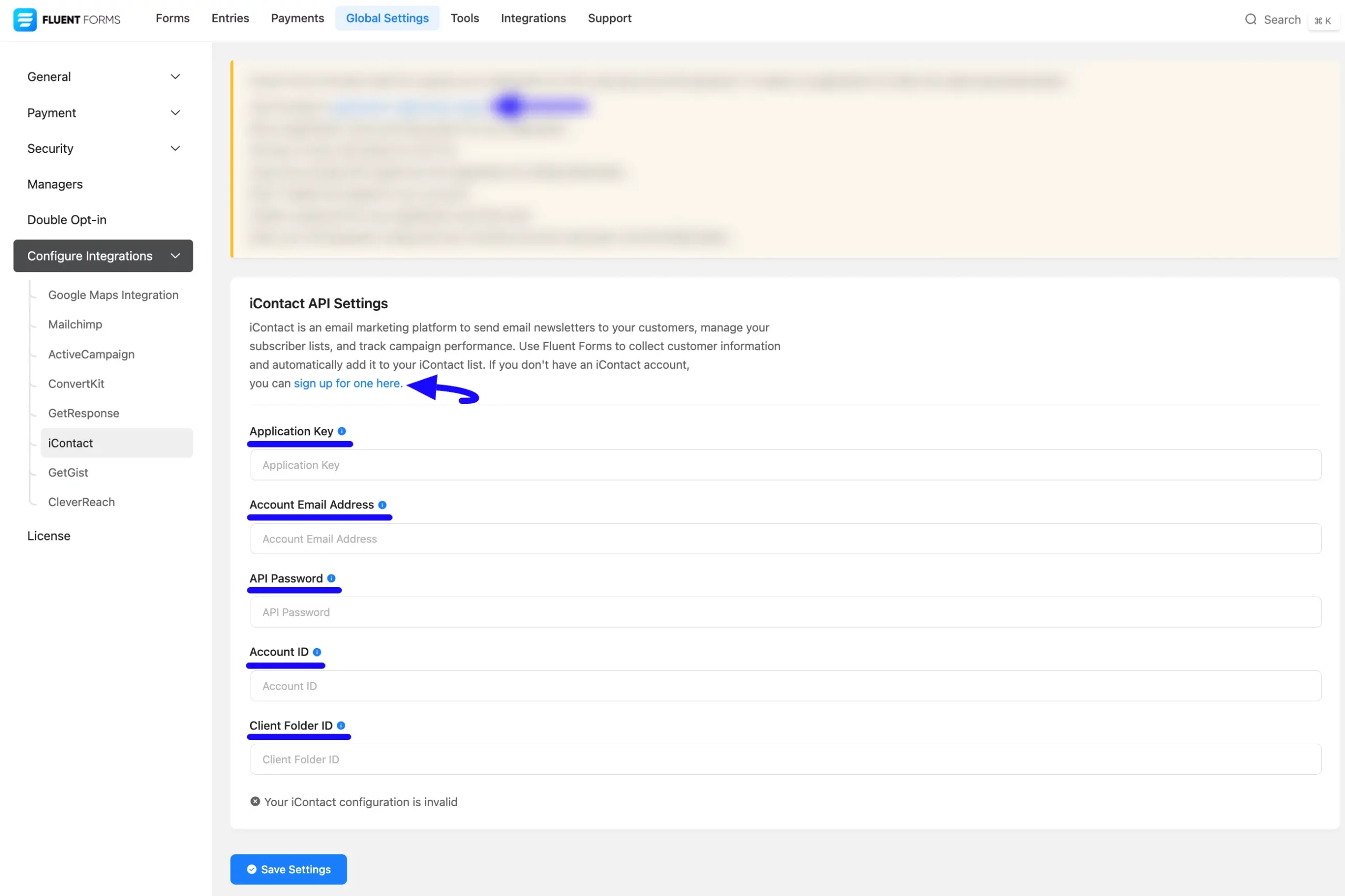 Icontact API Settings