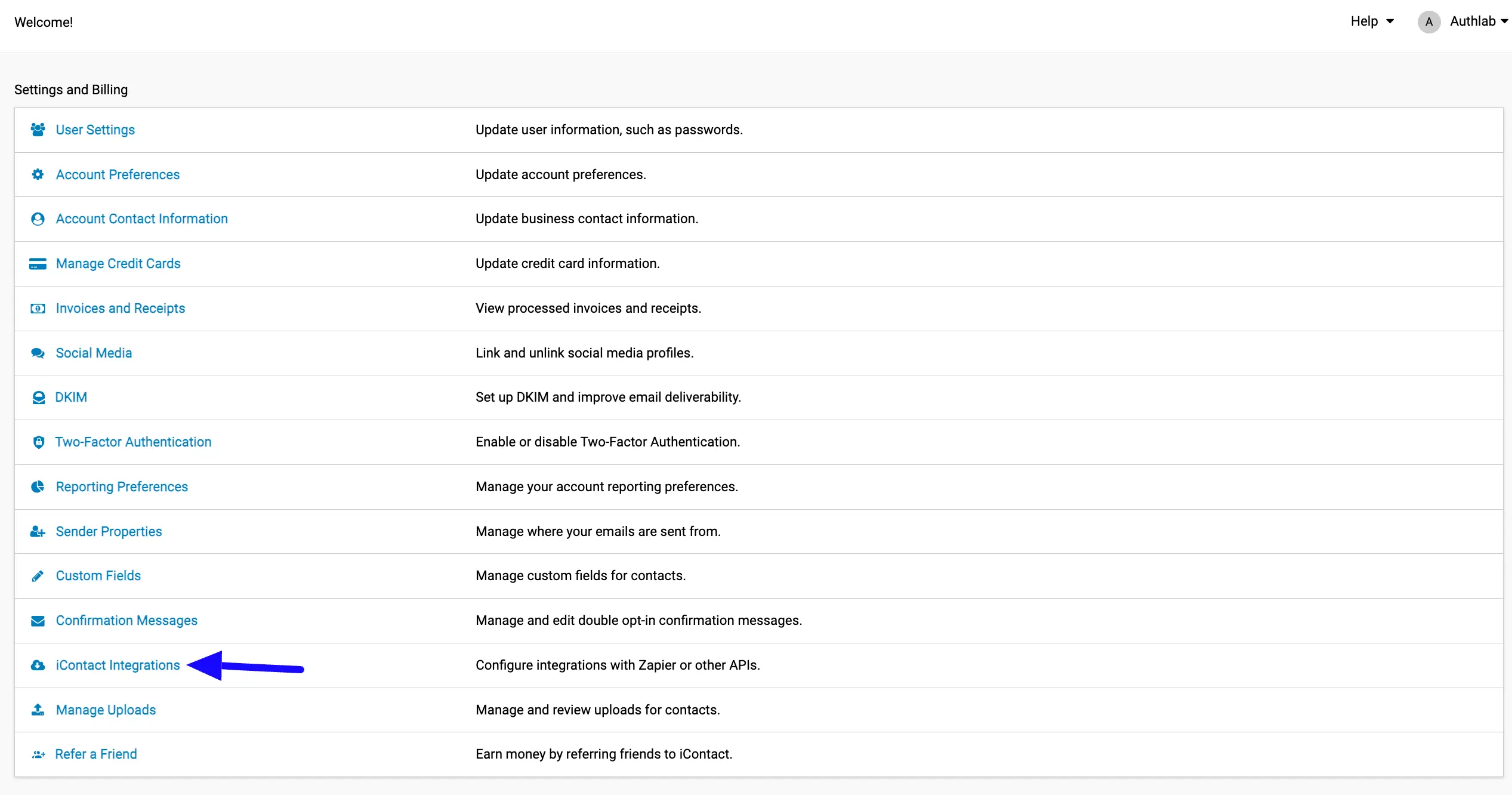Icontact Integrations Option