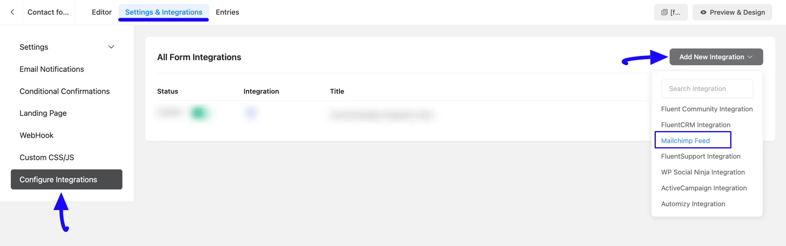 Add Integration Button Integrate Mailchimp