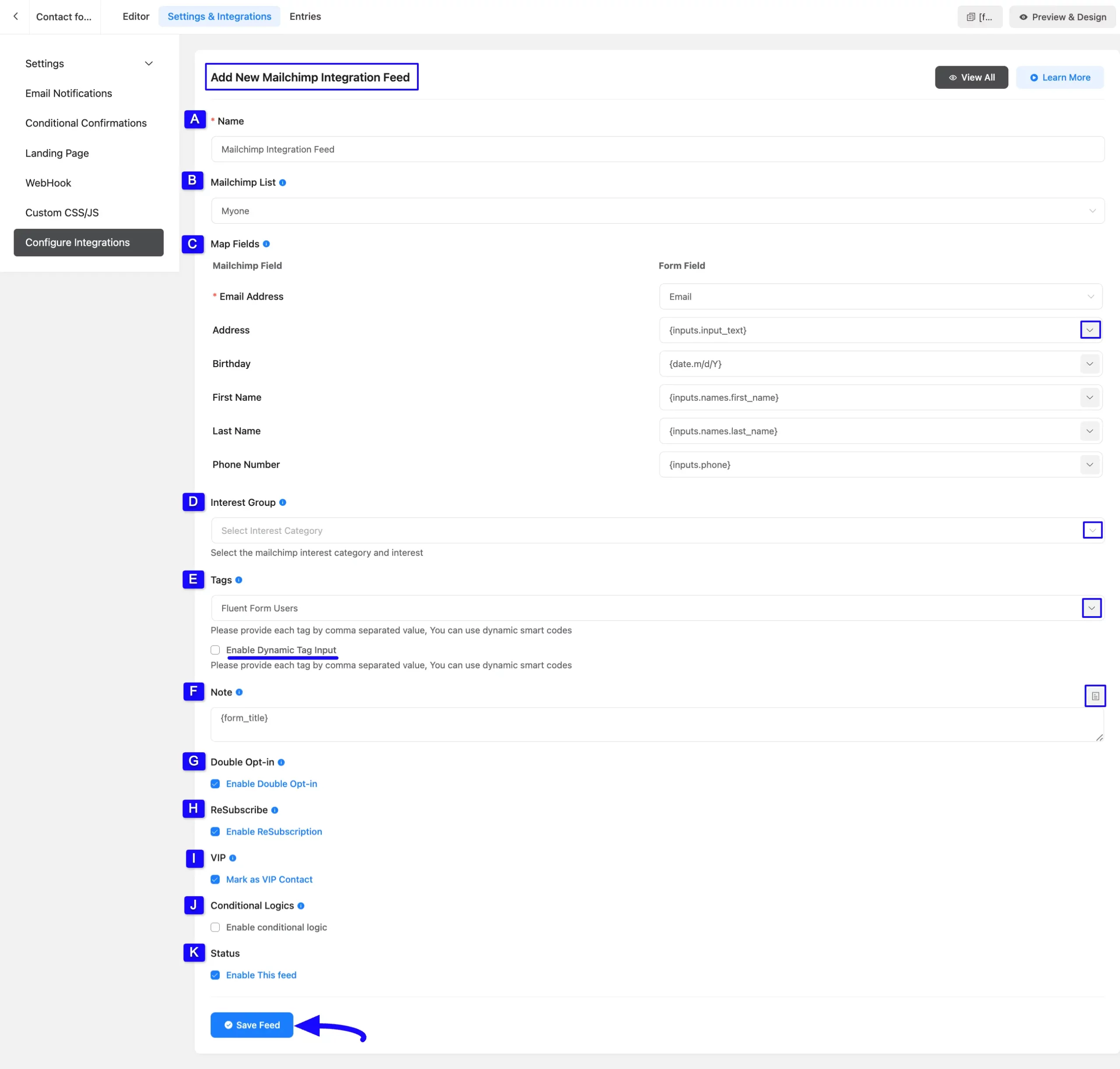 Save Settings Button Integrate Mailchimp