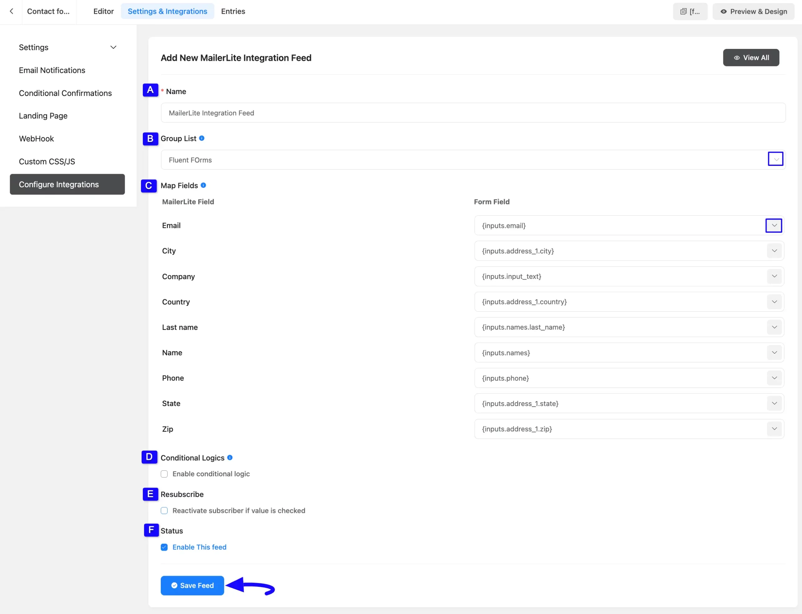 Save Feed Button Integrate MailerLite