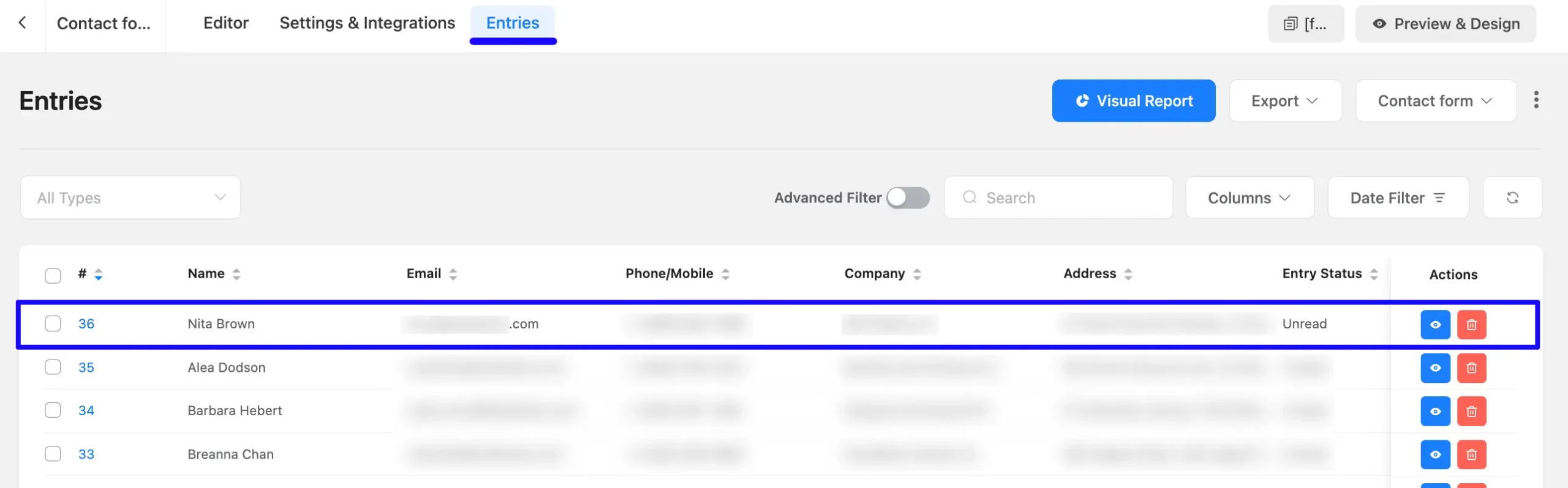 Entries Tab Fluent Forms