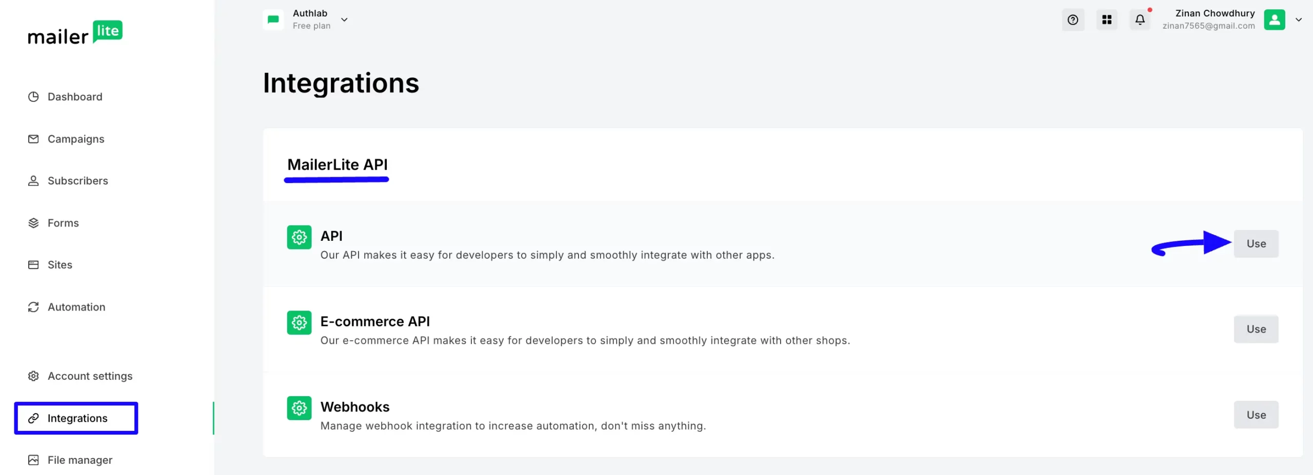 Integrations Use Button