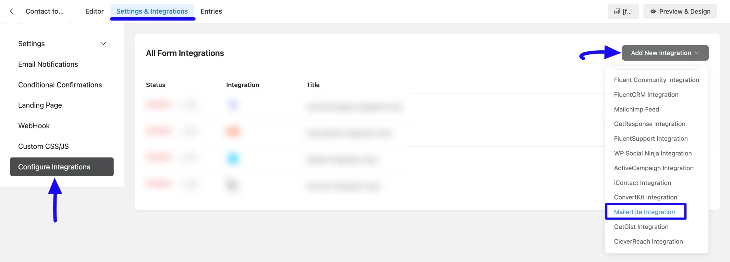 Add Integration Button Integrate MailerLite