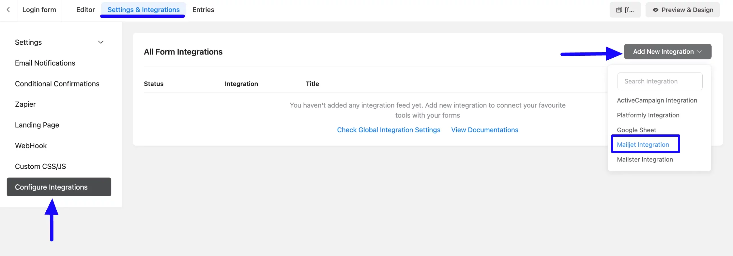 Add Integration Dropdown Integrate Mailjet