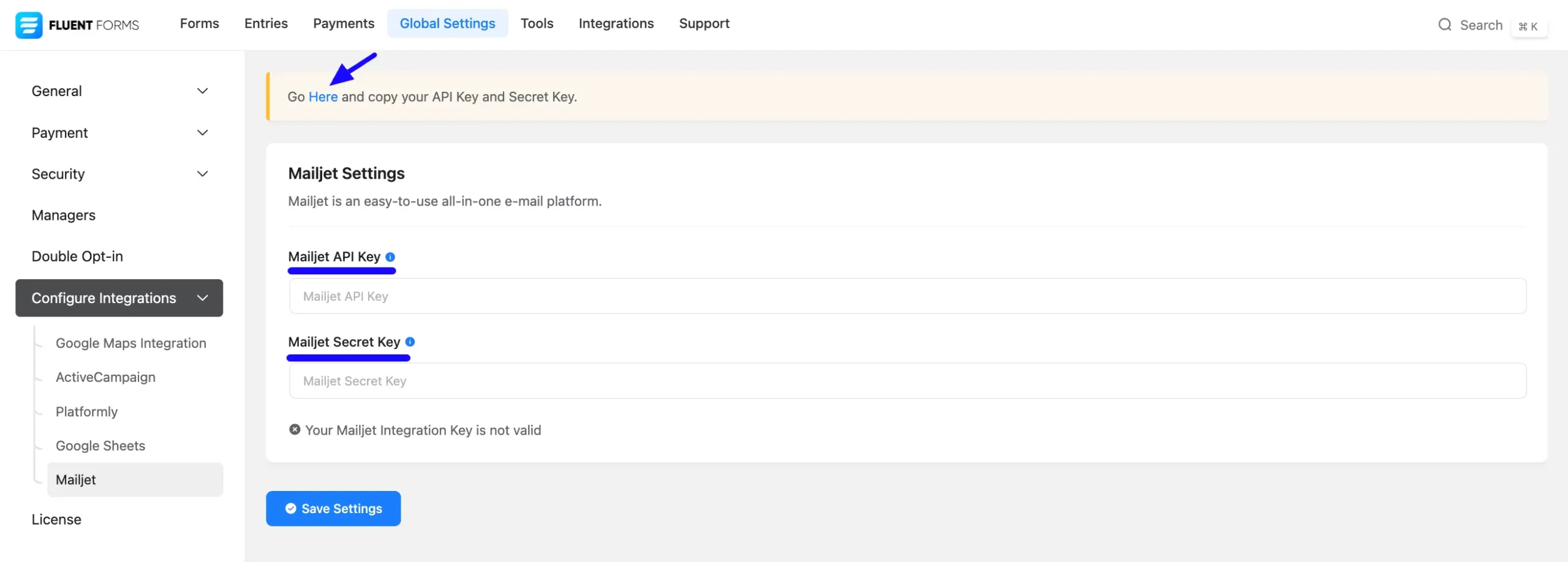 Mailjet Settings Fluent Forms