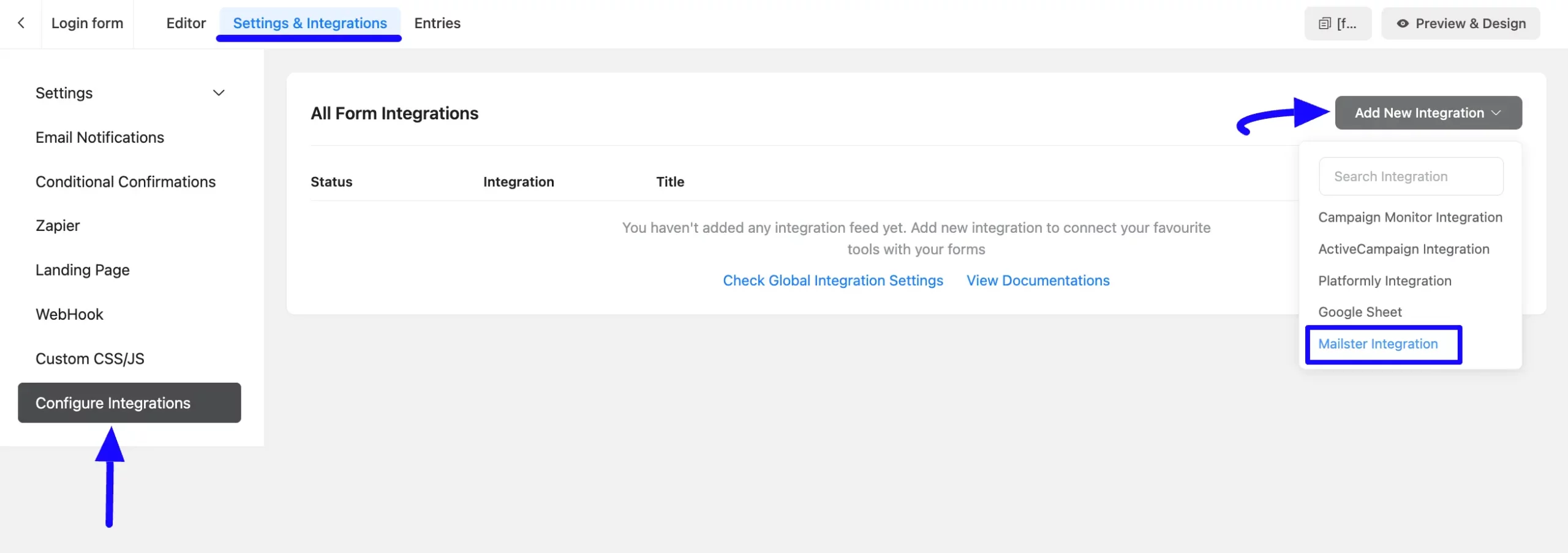 Add Integration Dropdown Integrate Mailster