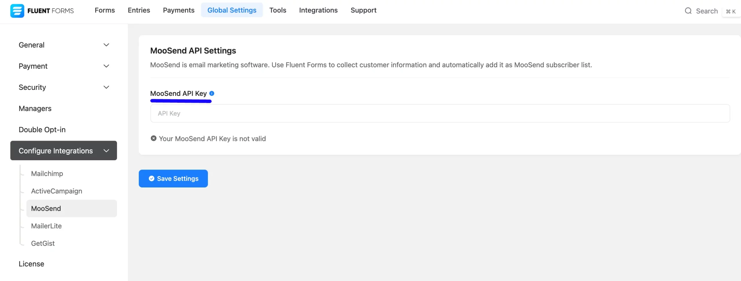 Moosend API Settings